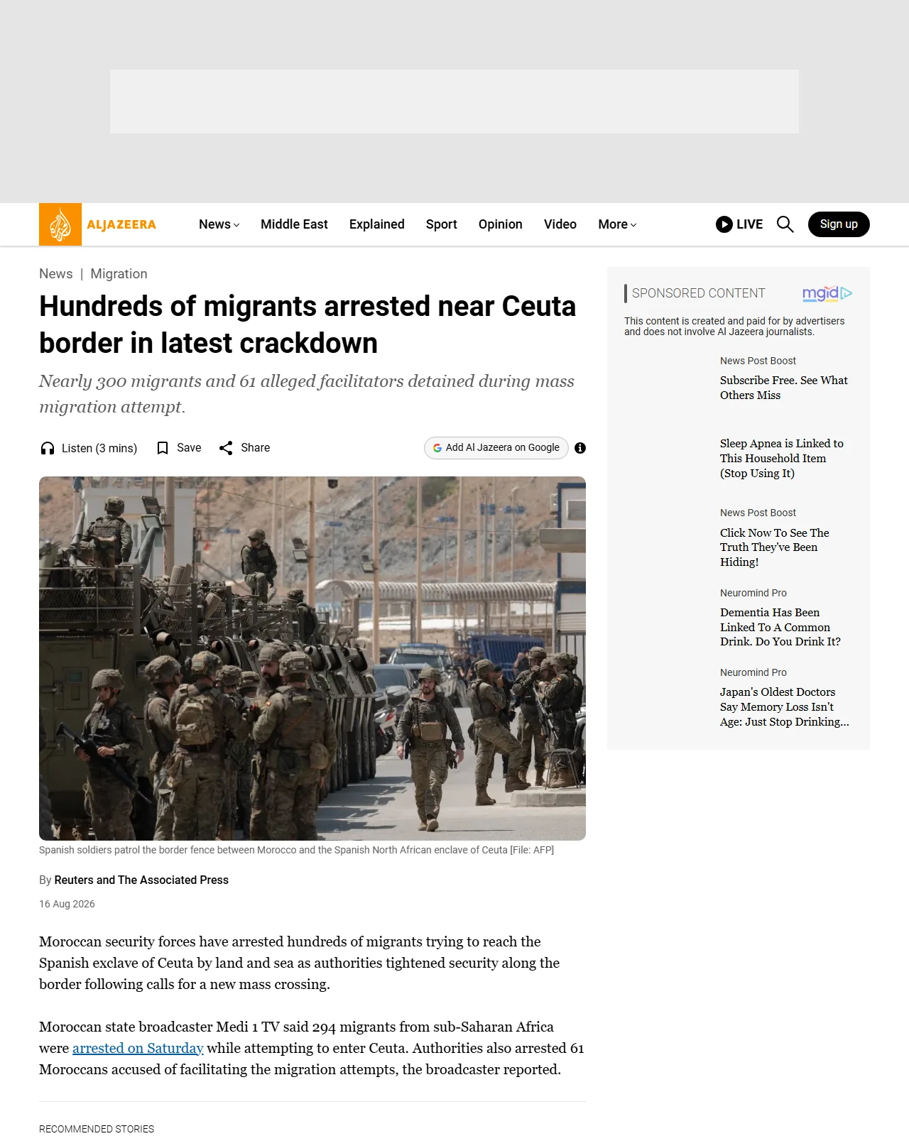 aljazeera.com as published: Hundreds of migrants arrested near Ceuta border in latest crackdown