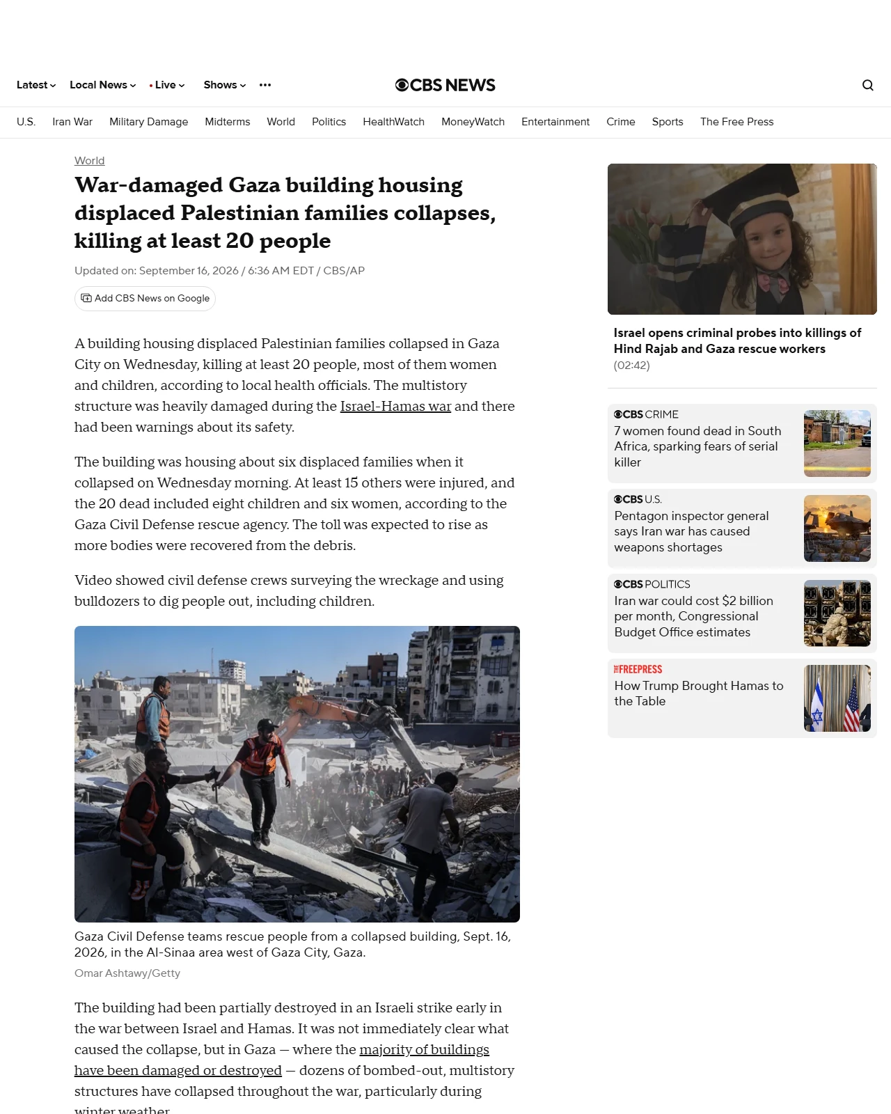 cbsnews.com as published: War-damaged Gaza building collapses, killing at least 20 people
