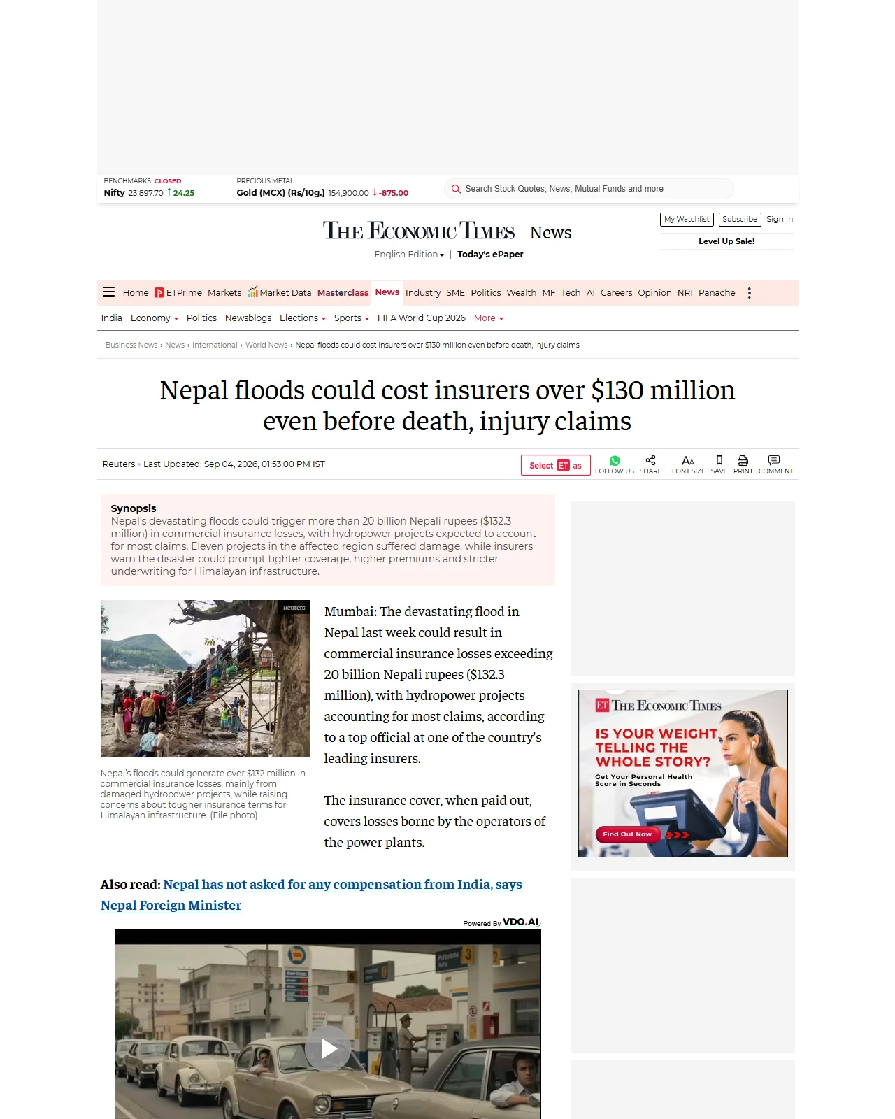 economictimes.indiatimes.com as published: Nepal floods could cost insurers over $130 million even before death, injury claims