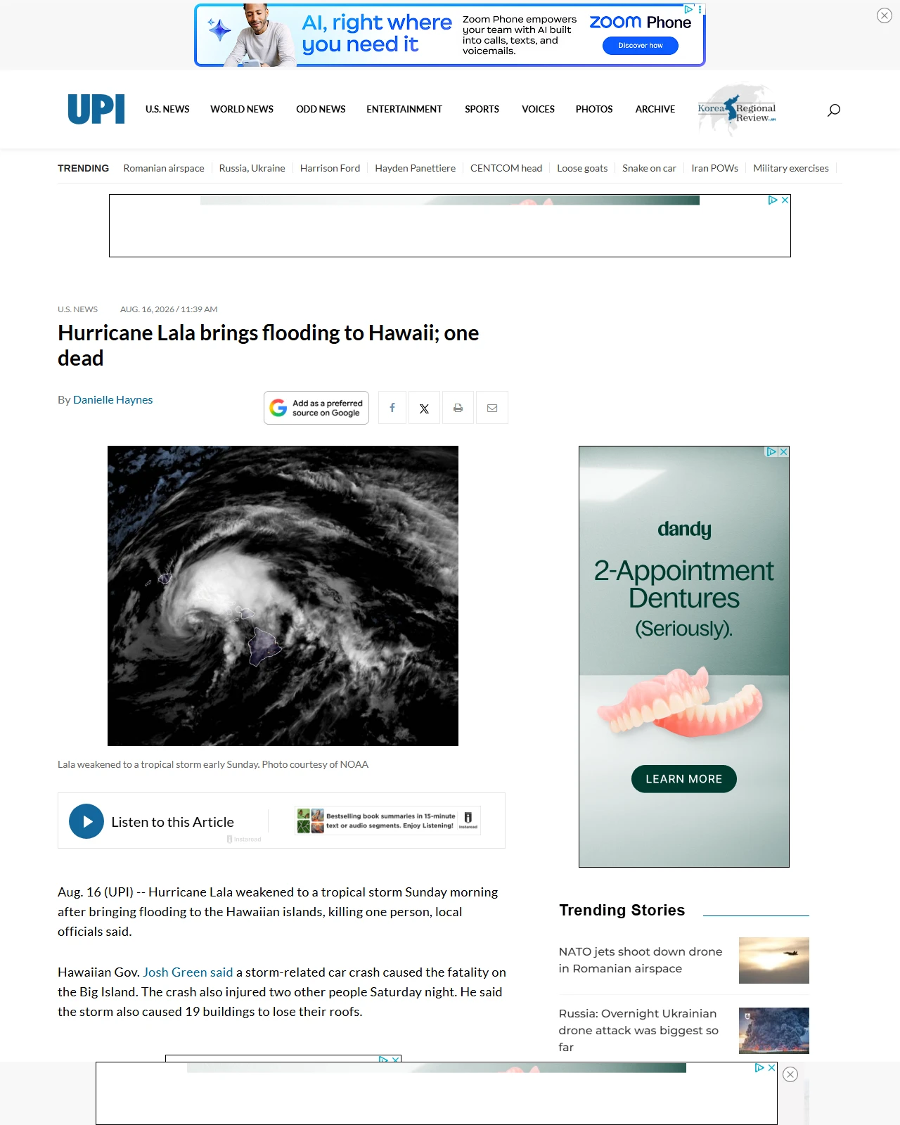upi.com as published: Hurricane Lala brings flooding to Hawaii; one dead