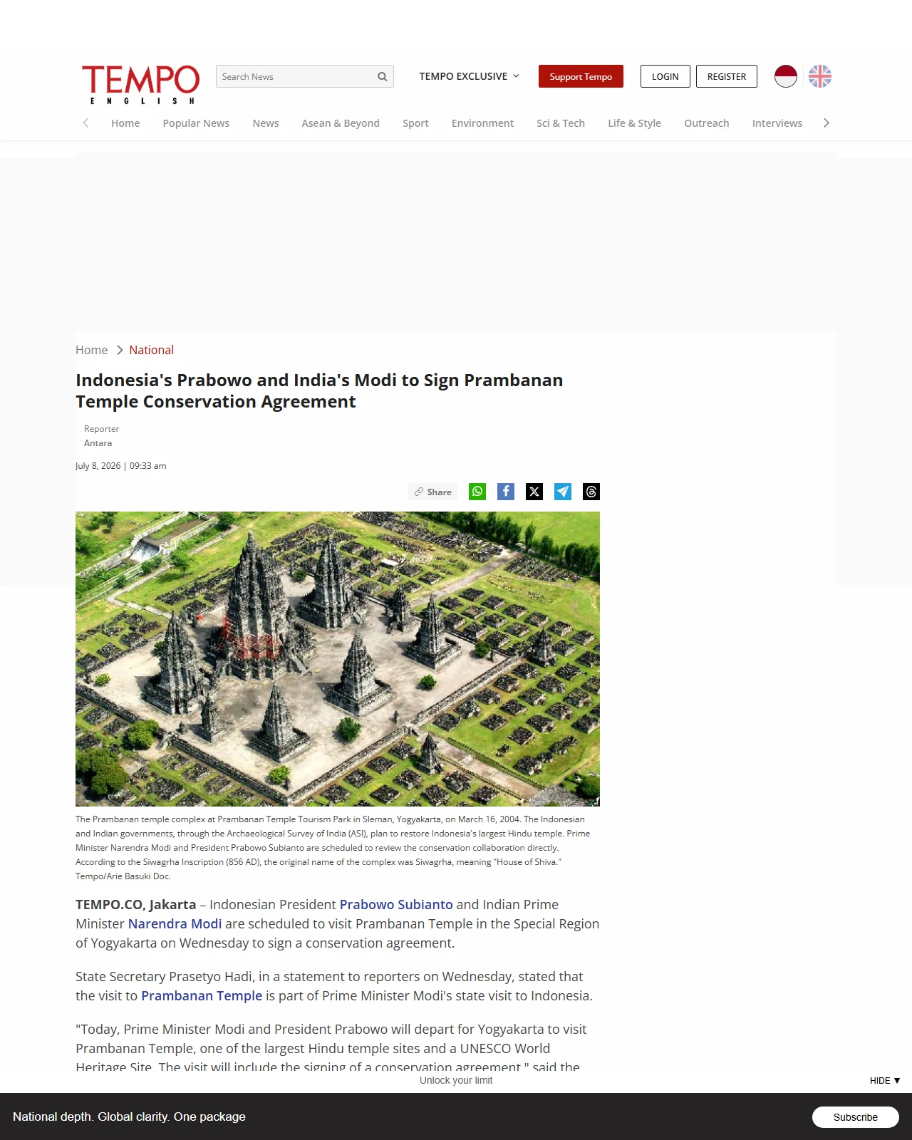 en.tempo.co as published: Indonesia's Prabowo and India's Modi to Sign Prambanan Temple Conservation Agreement