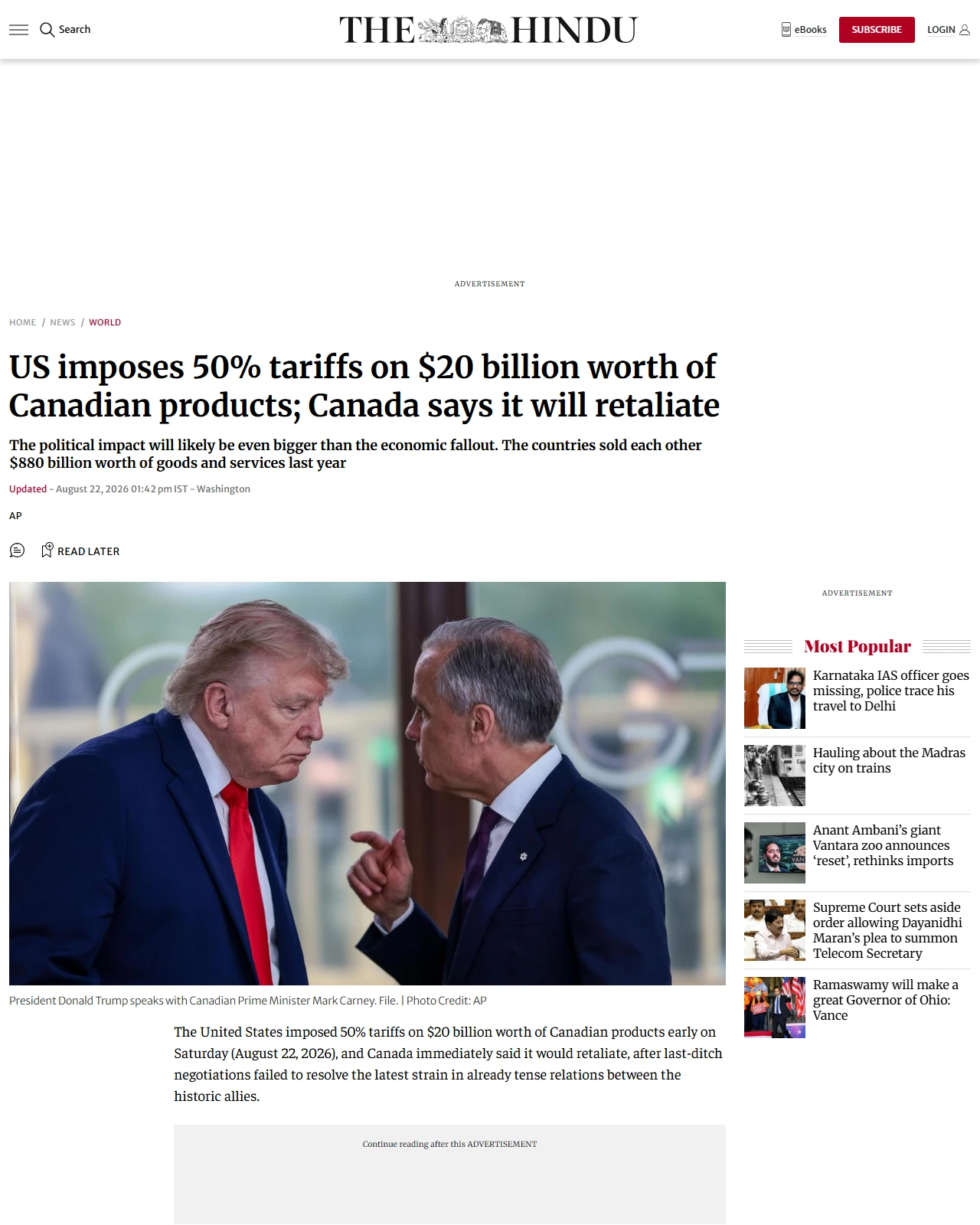 thehindu.com as published: US imposes 50% tariffs on $20 billion worth of Canadian products; Canada says it will retaliate
