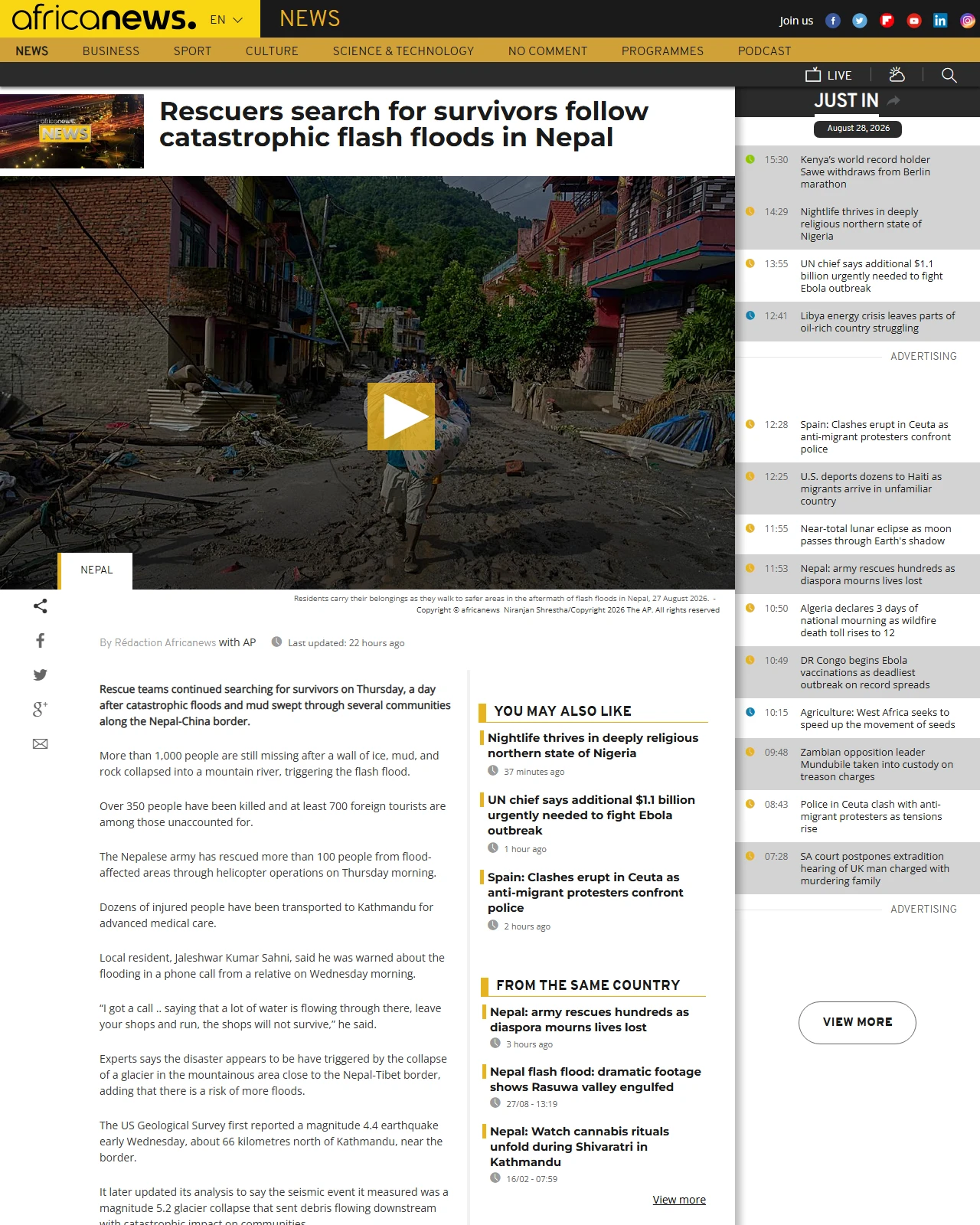 africanews.com as published: Rescuers search for survivors follow catastrophic flash floods in Nepal