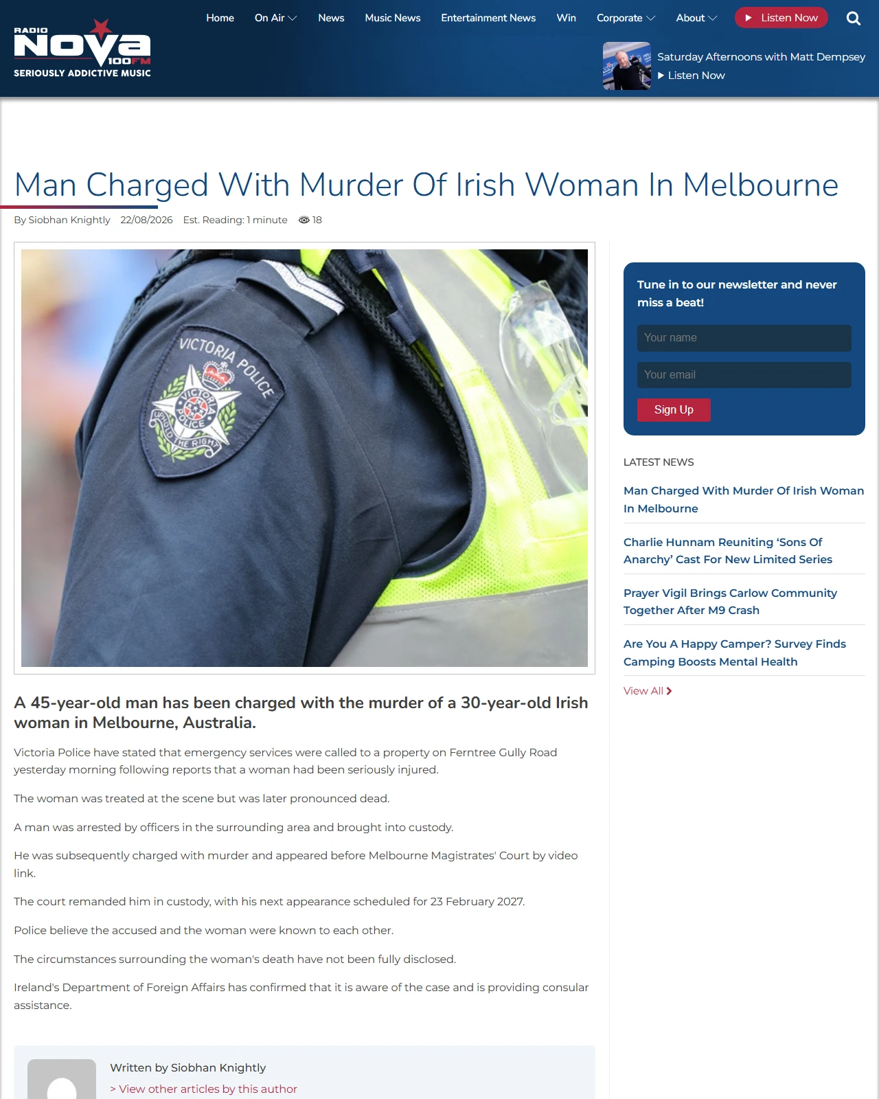 nova.ie as published: Man Charged With Murder Of Irish Woman In Melbourne