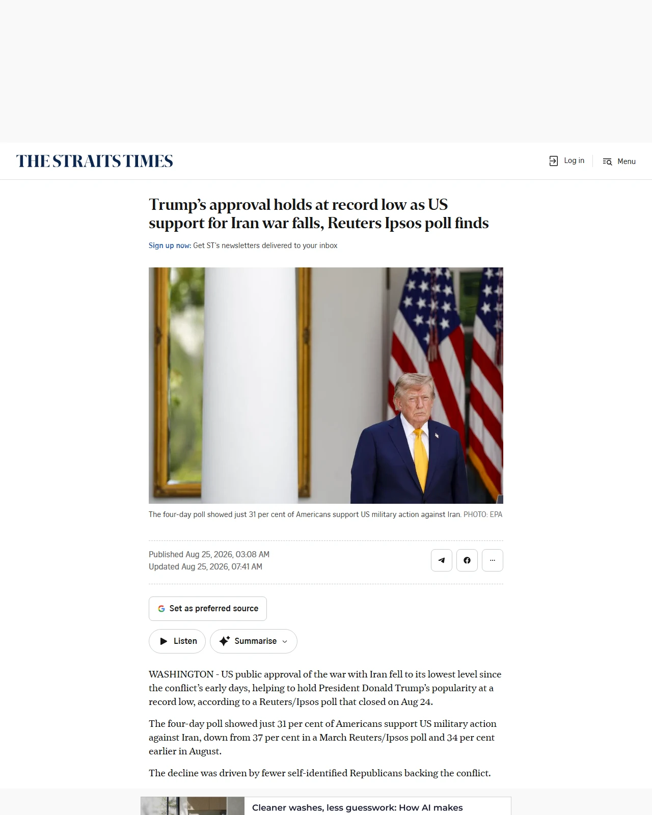 straitstimes.com as published: Trump’s approval holds at record low as US support for Iran war falls, Reuters Ipsos poll finds