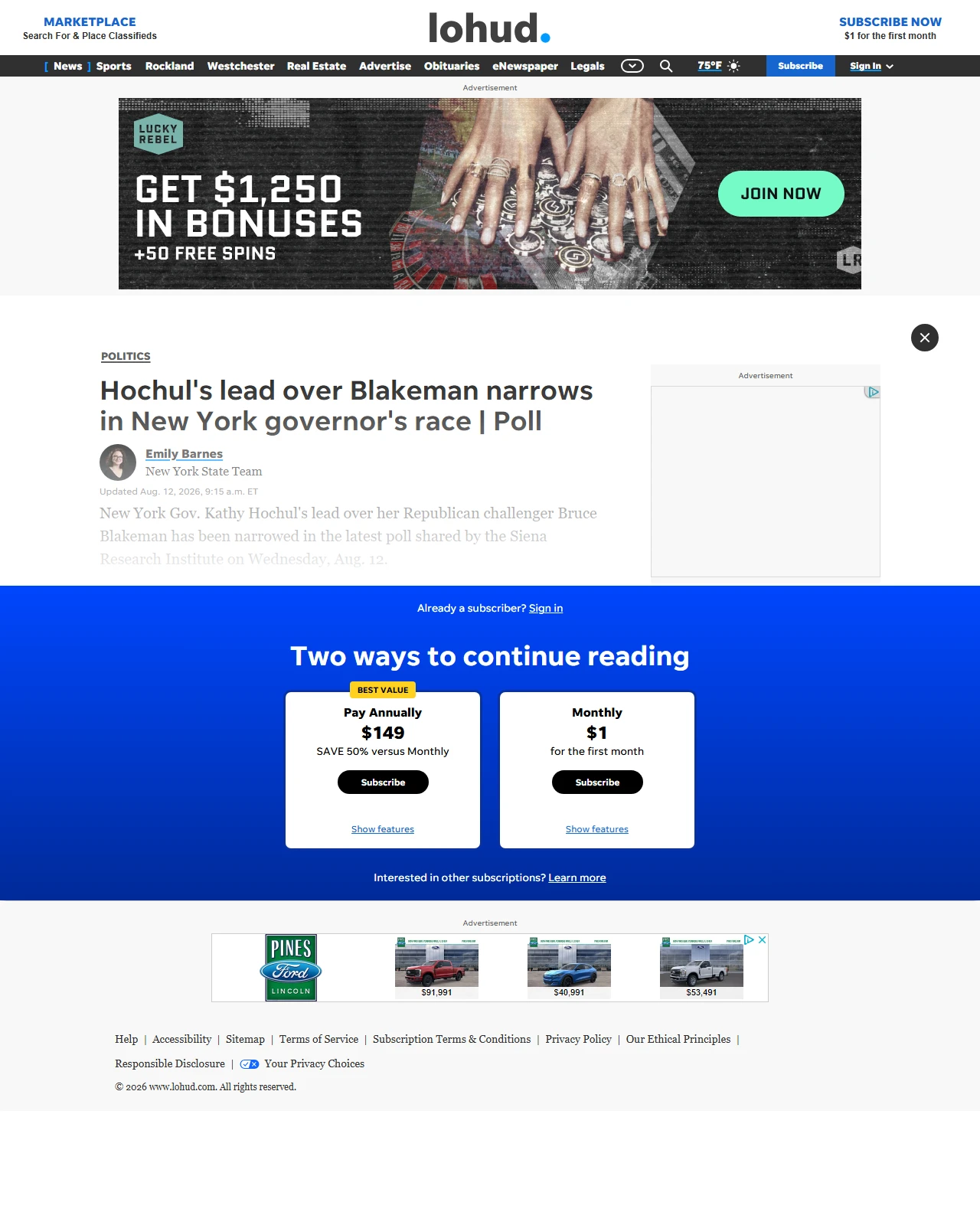 lohud.com as published: Hochul's lead over Blakeman narrows in New York governor's race | Poll