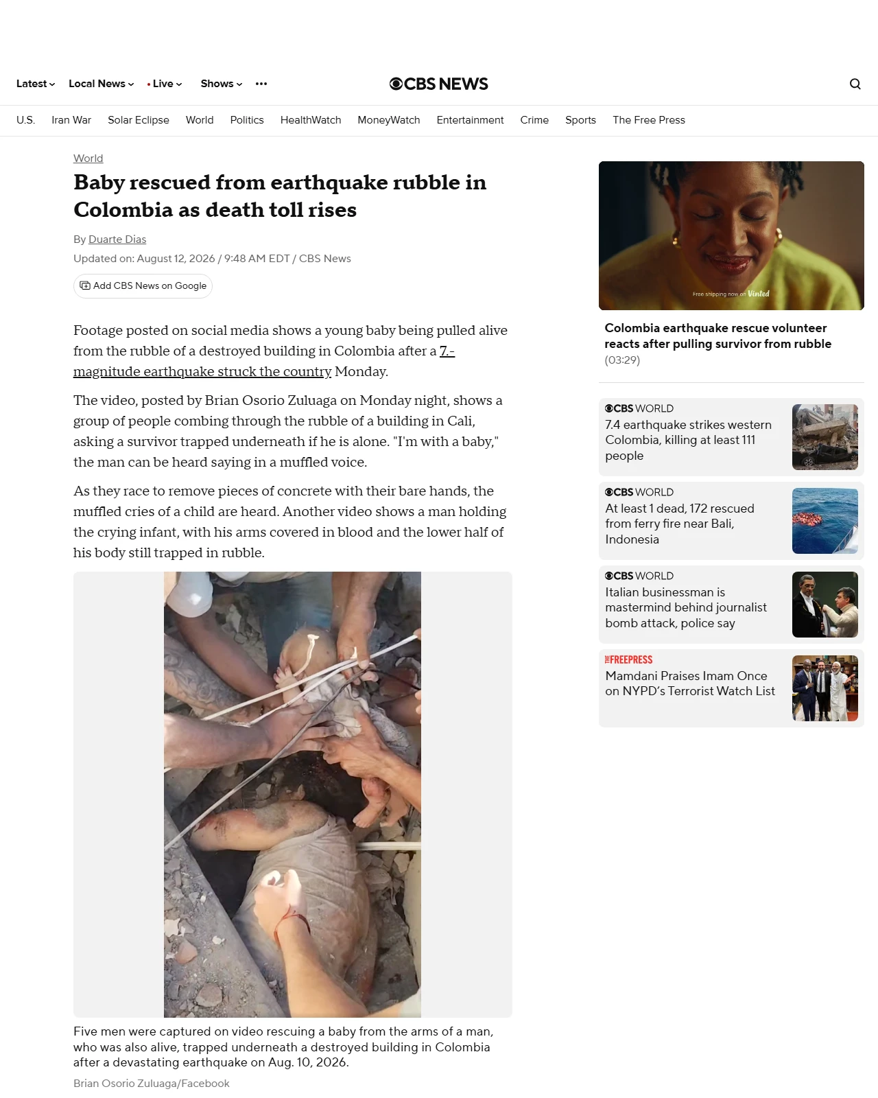 cbsnews.com as published: Baby rescued from earthquake rubble in Colombia as death toll rises