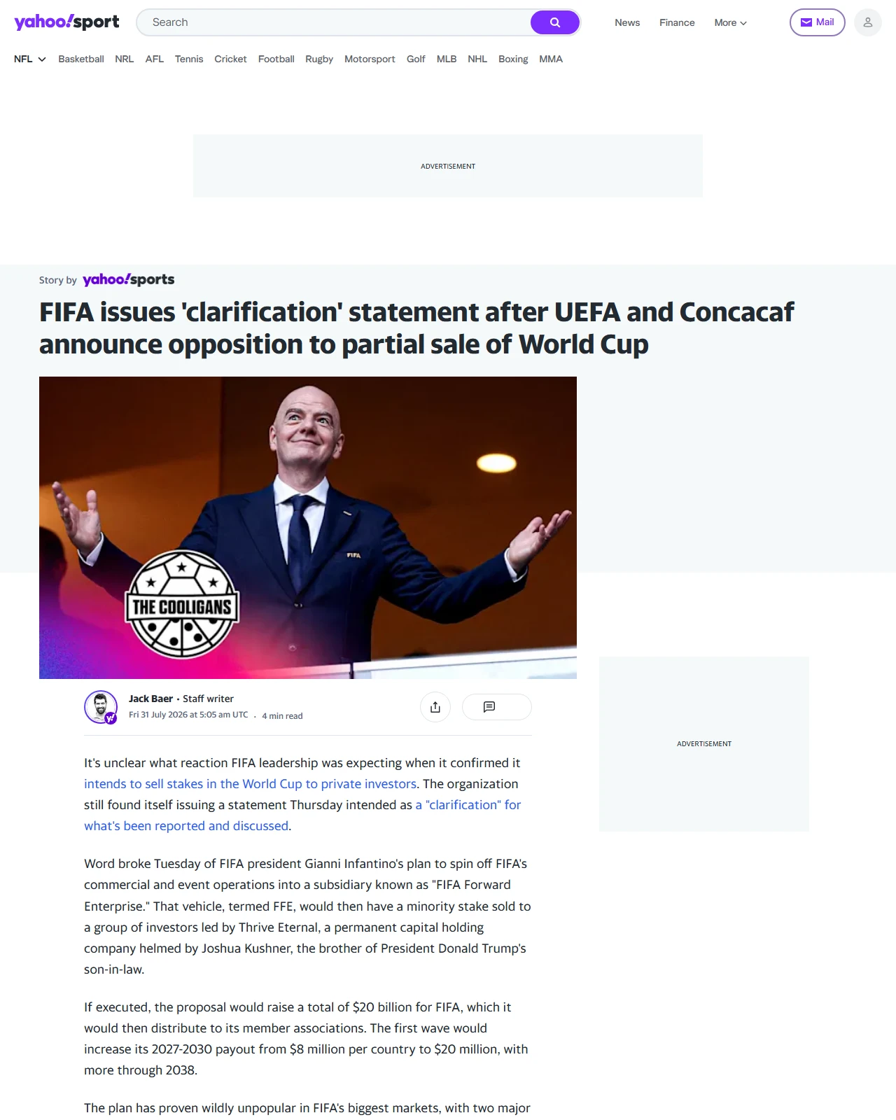 au.sports.yahoo.com as published: FIFA issues 'clarification' statement after UEFA and Concacaf announce opposition to partial sale of World Cup
