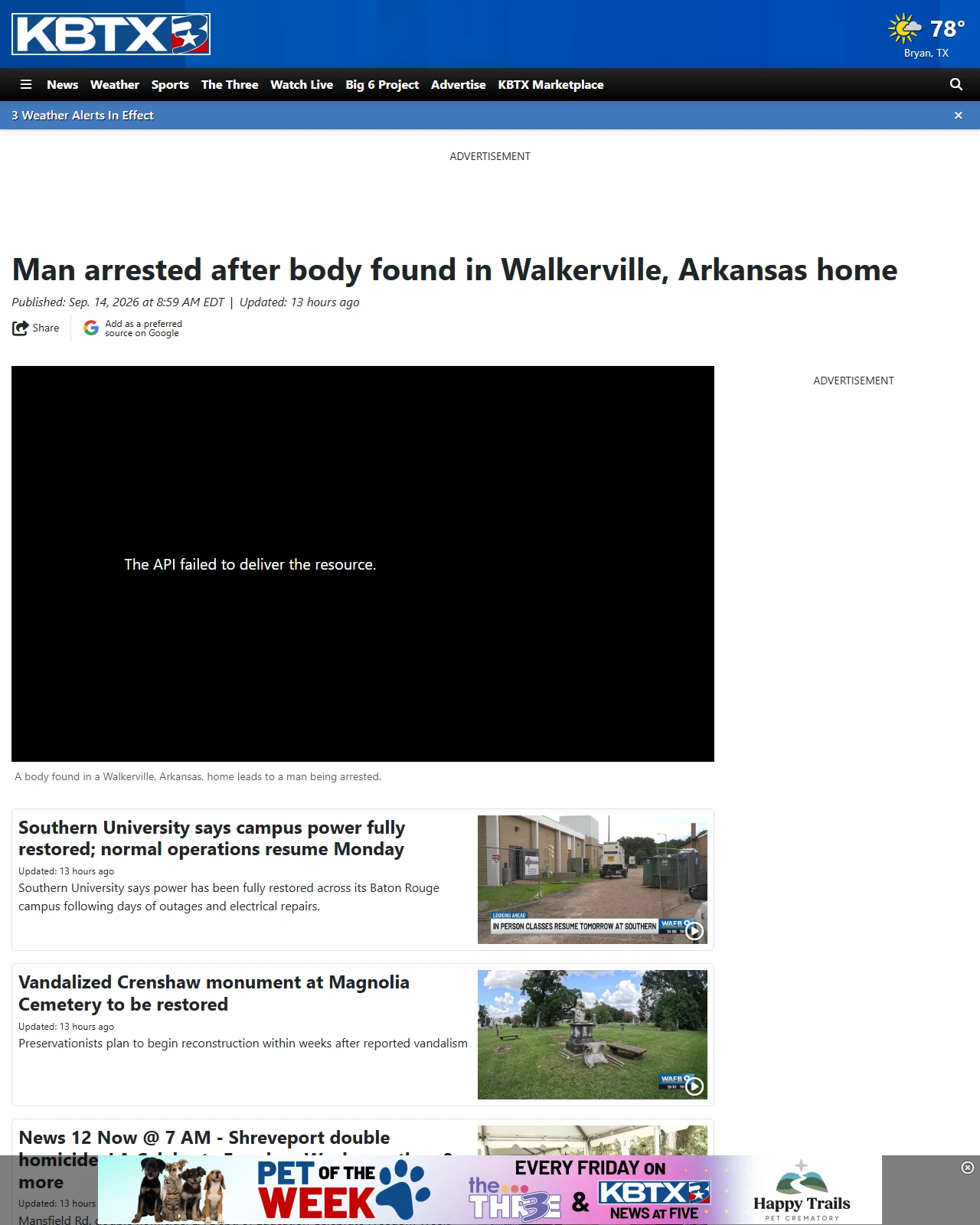 kbtx.com as published: Man arrested after body found in Walkerville, Arkansas home