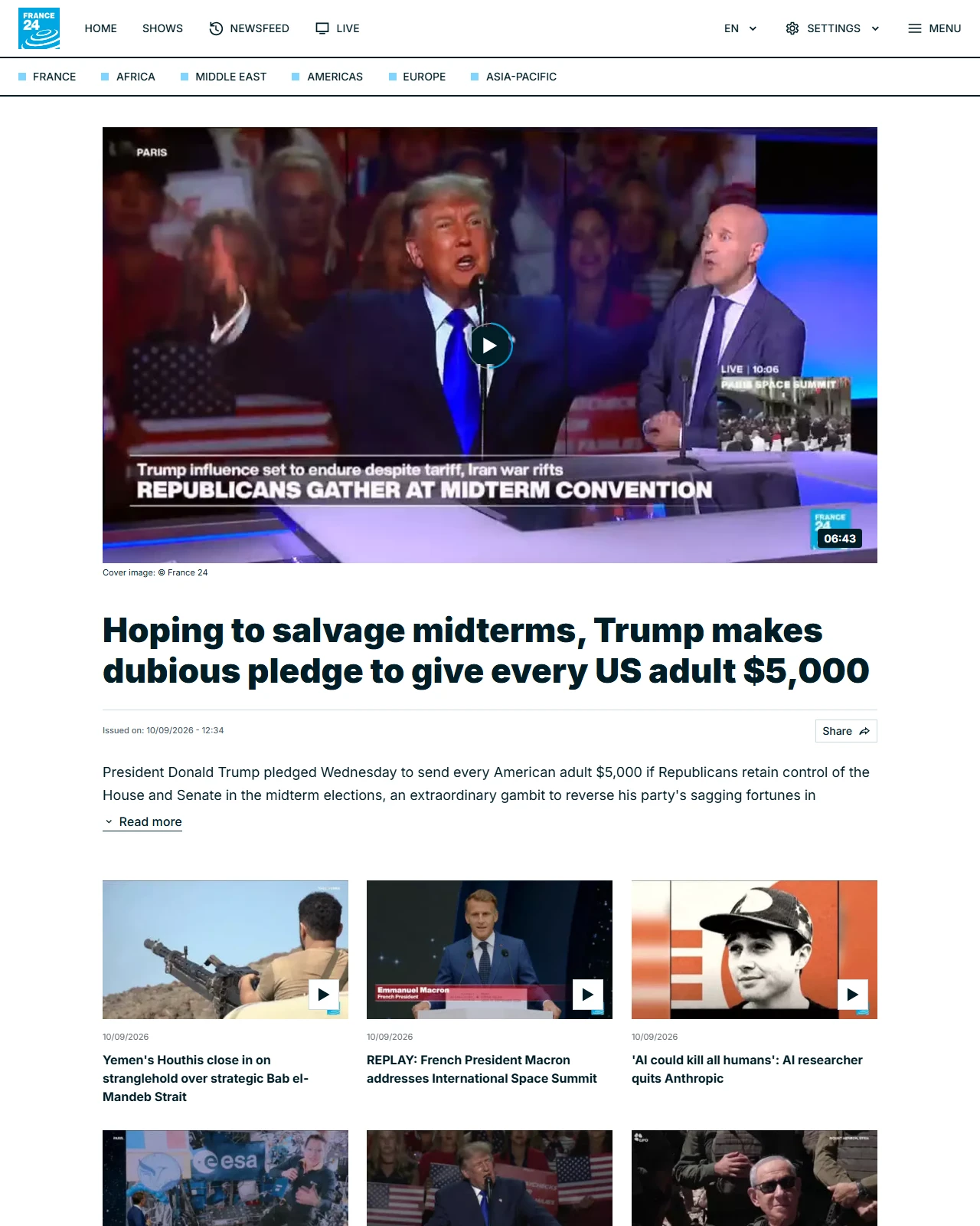 france24.com as published: Hoping to salvage midterms, Trump makes dubious pledge to give every US adult $5,000