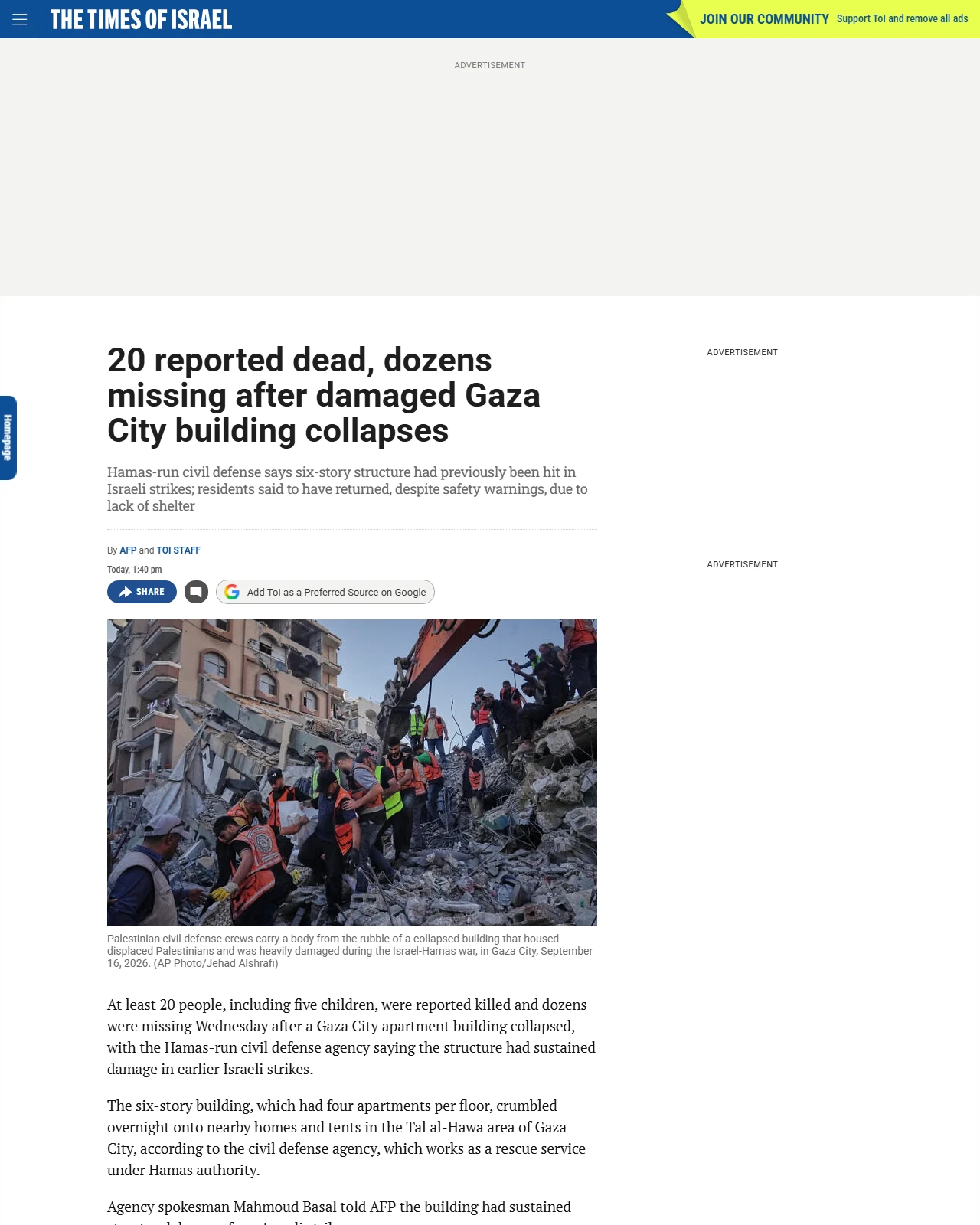 timesofisrael.com as published: 20 reported dead, dozens missing after damaged Gaza City building collapses