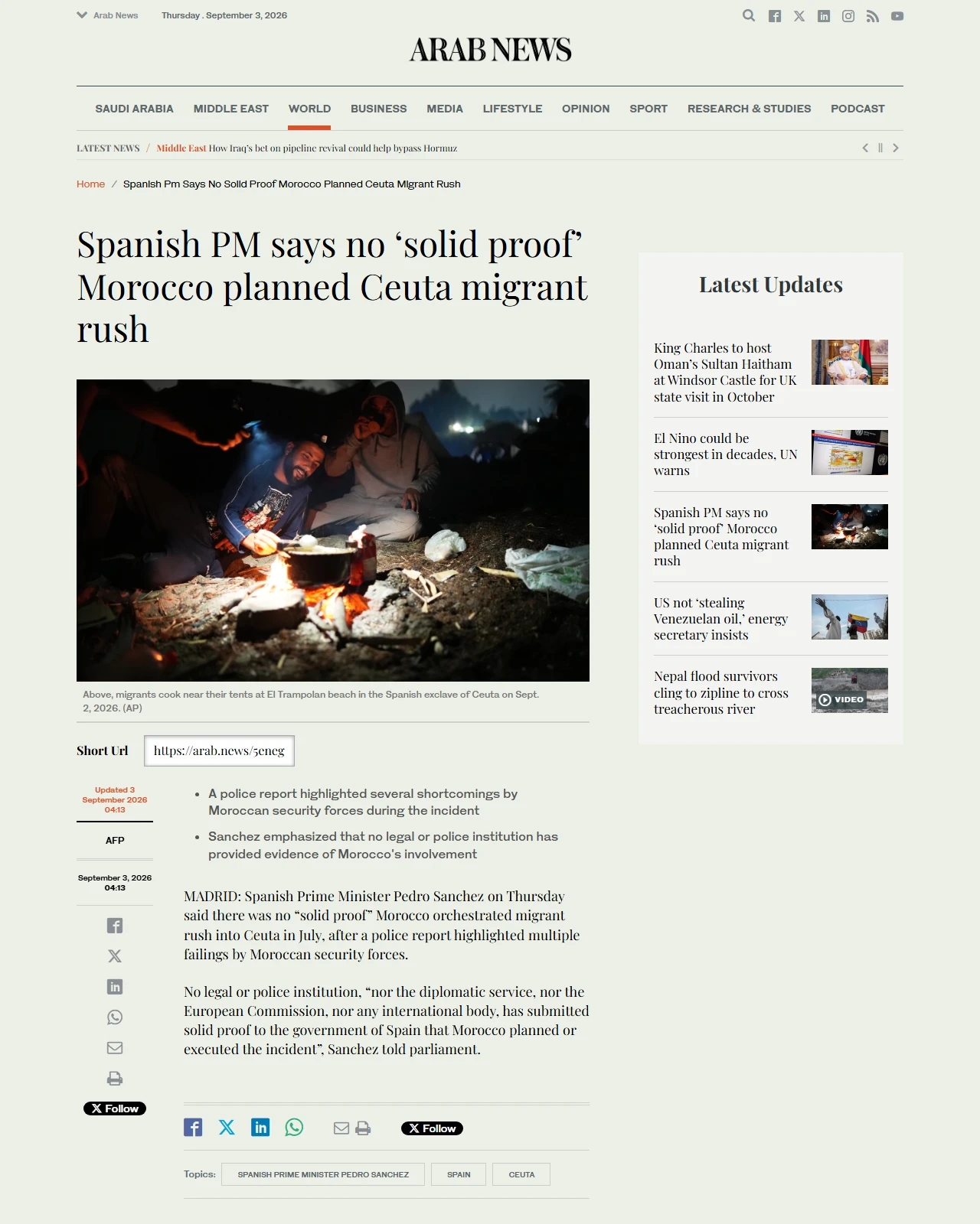 arabnews.com as published: Spanish PM says no ‘solid proof’ Morocco planned Ceuta migrant rush