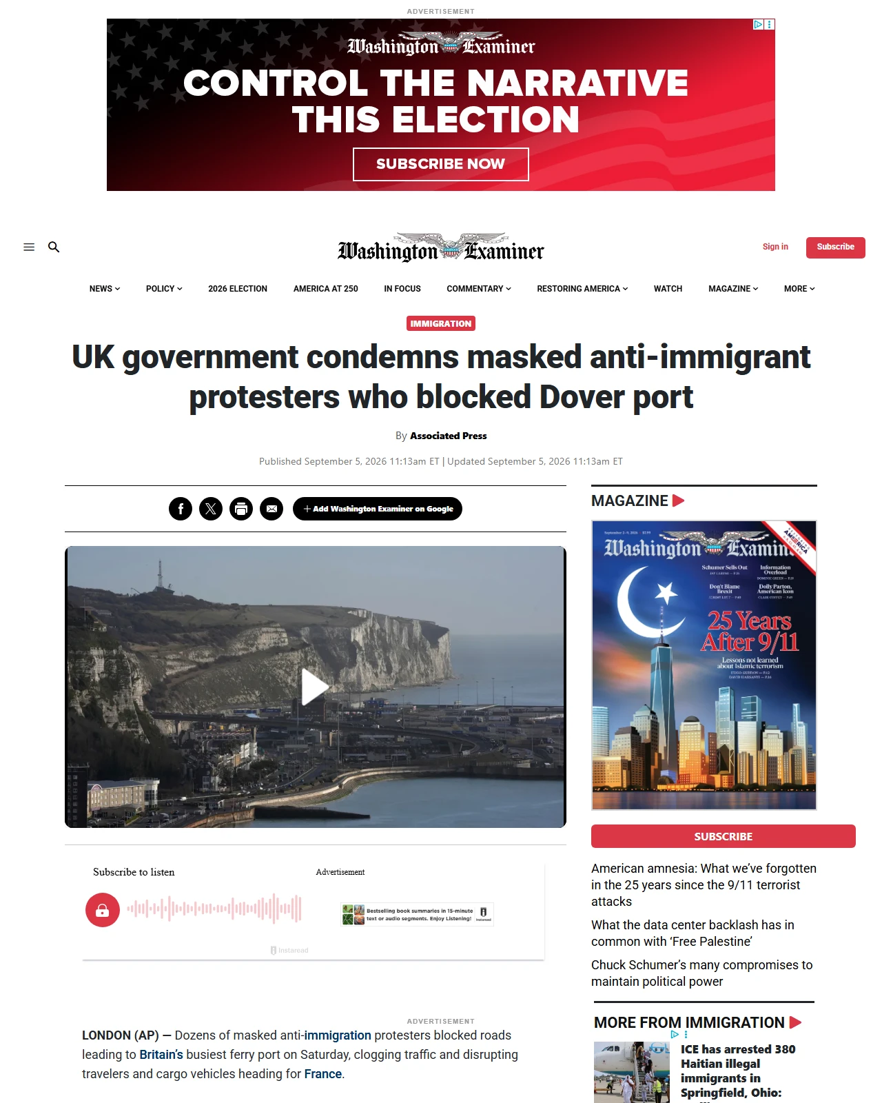 washingtonexaminer.com as published: UK government condemns masked anti-immigrant protesters who blocked Dover port