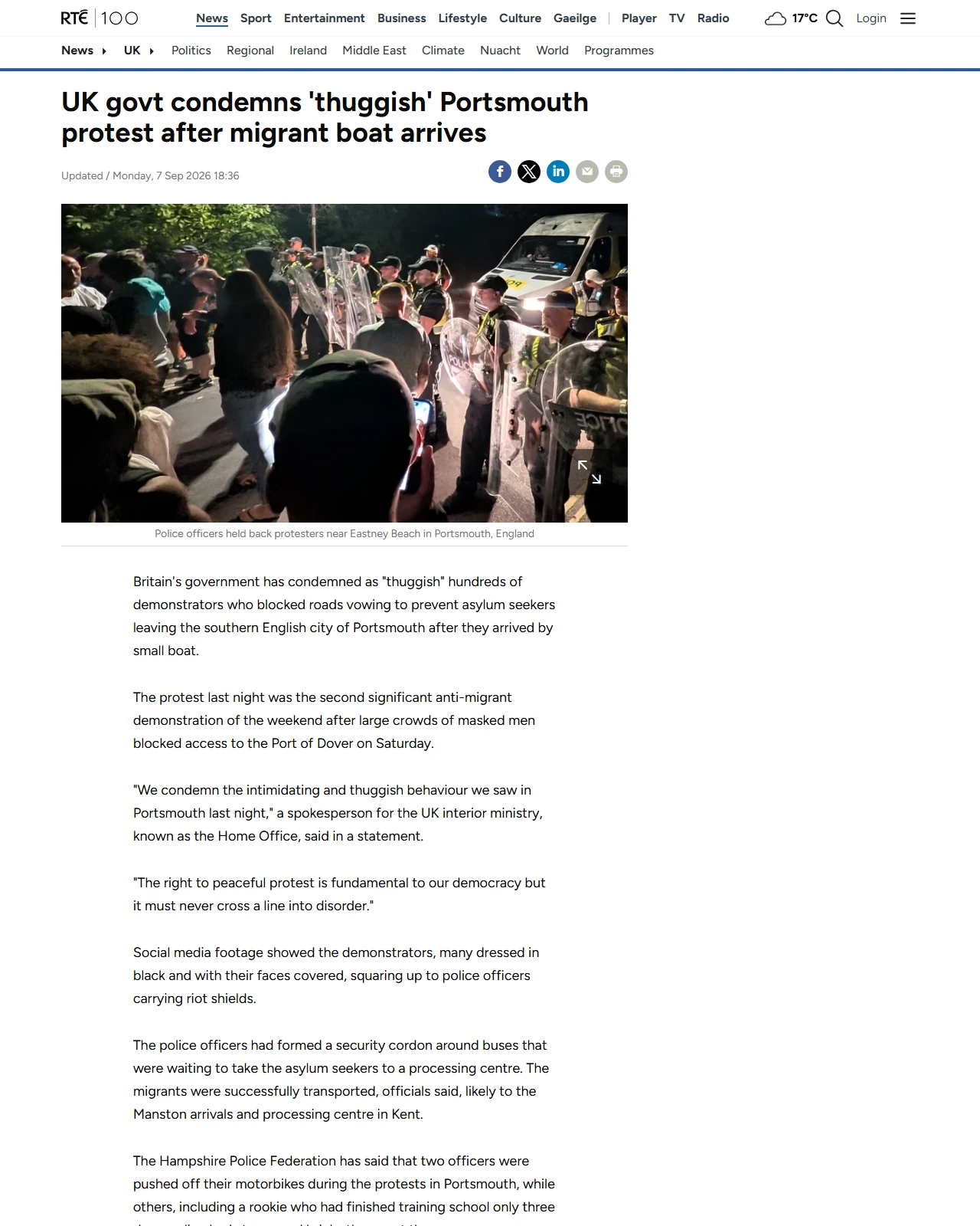 rte.ie as published: UK govt condemns 'thuggish' Portsmouth migration protest