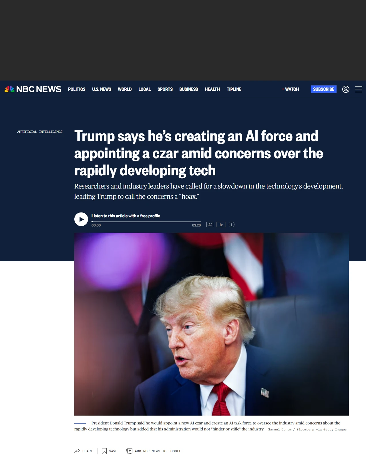 nbcnews.com as published: Trump says he’s creating an AI force and appointing a czar amid concerns over the rapidly developing tech