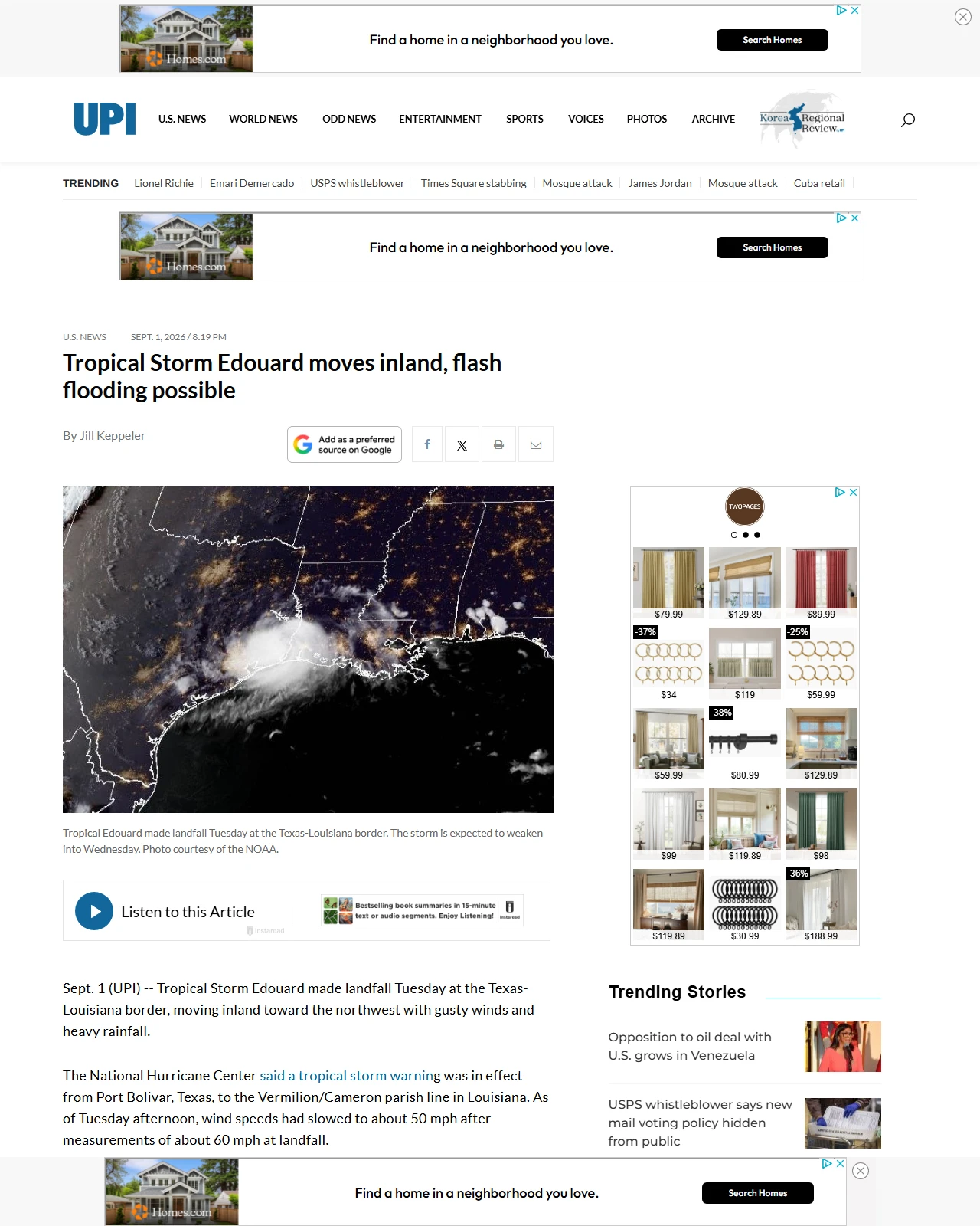 upi.com as published: Tropical Storm Edouard moves inland, flash flooding possible