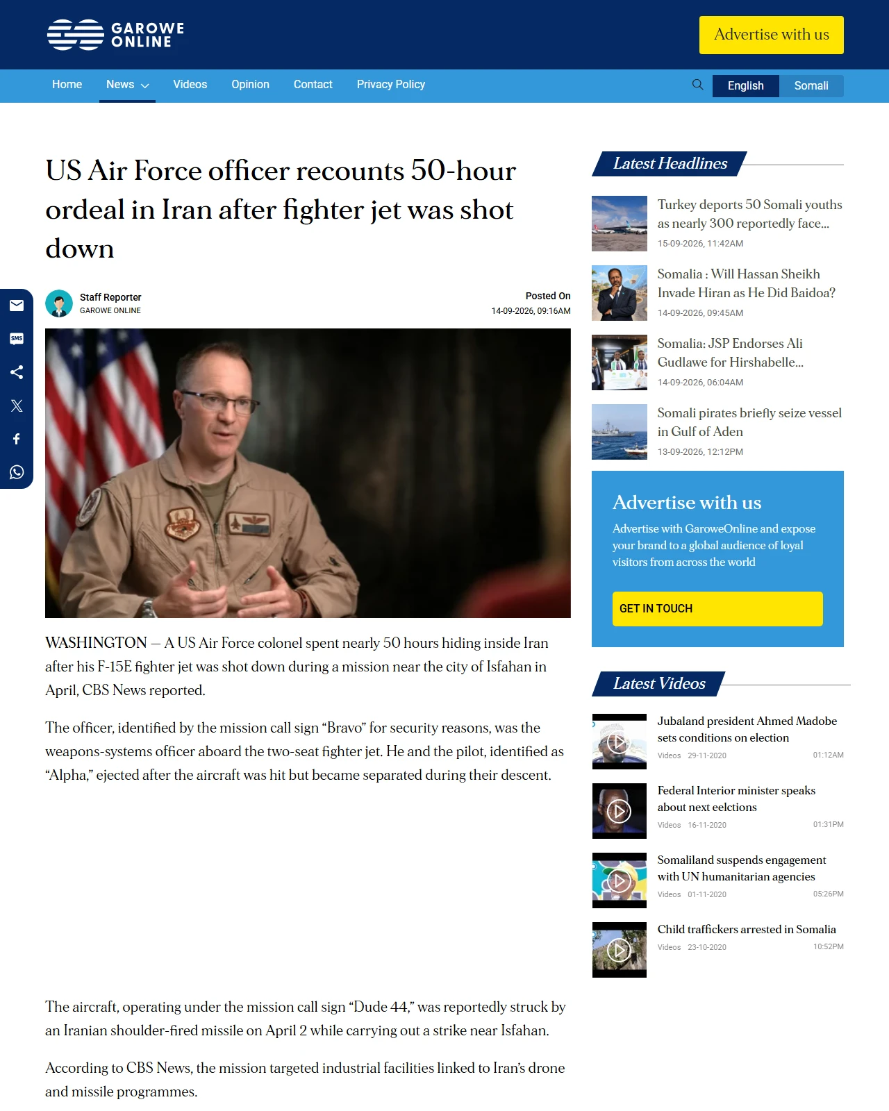 garoweonline.com as published: US Air Force officer recounts 50-hour ordeal in Iran after fighter jet was shot down