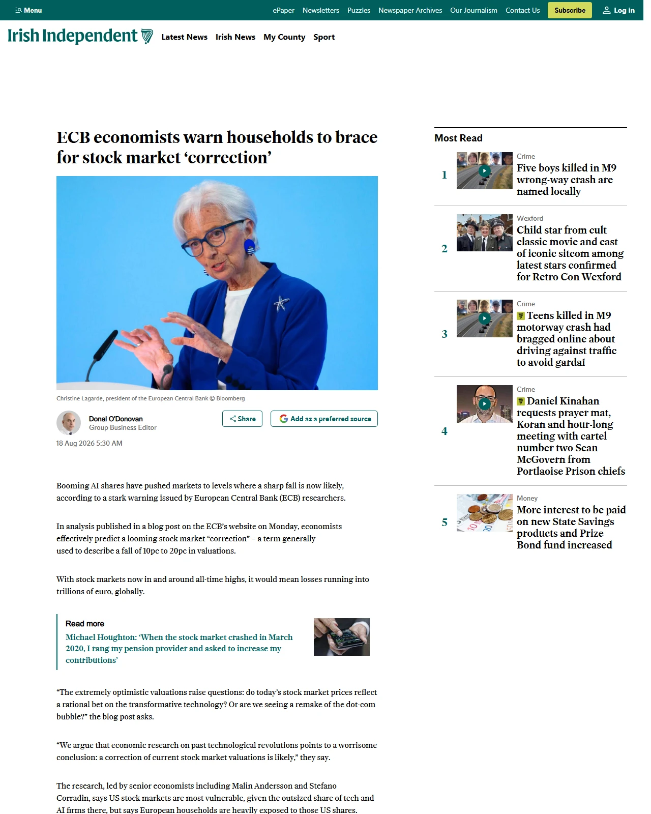 independent.ie as published: ECB economists warn households to brace for stock market ‘correction’