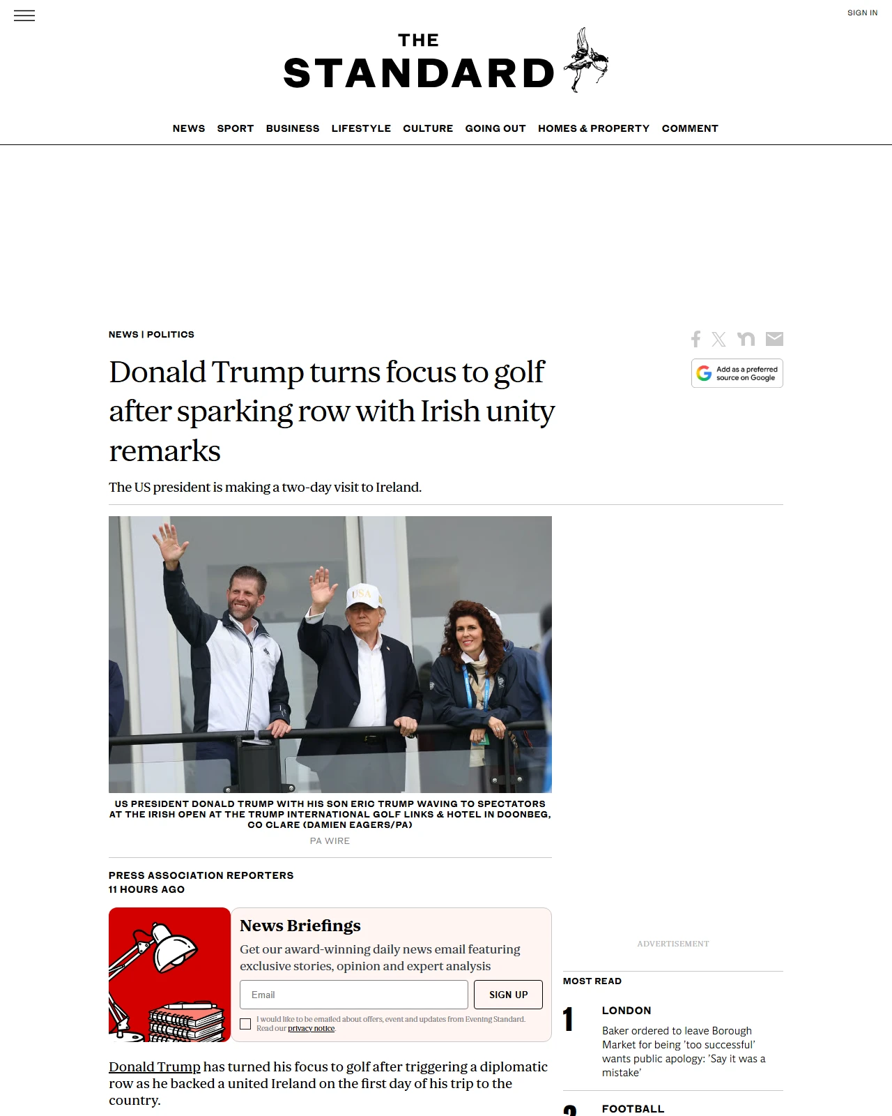 standard.co.uk as published: Donald Trump turns focus to golf after sparking row with Irish unity remarks