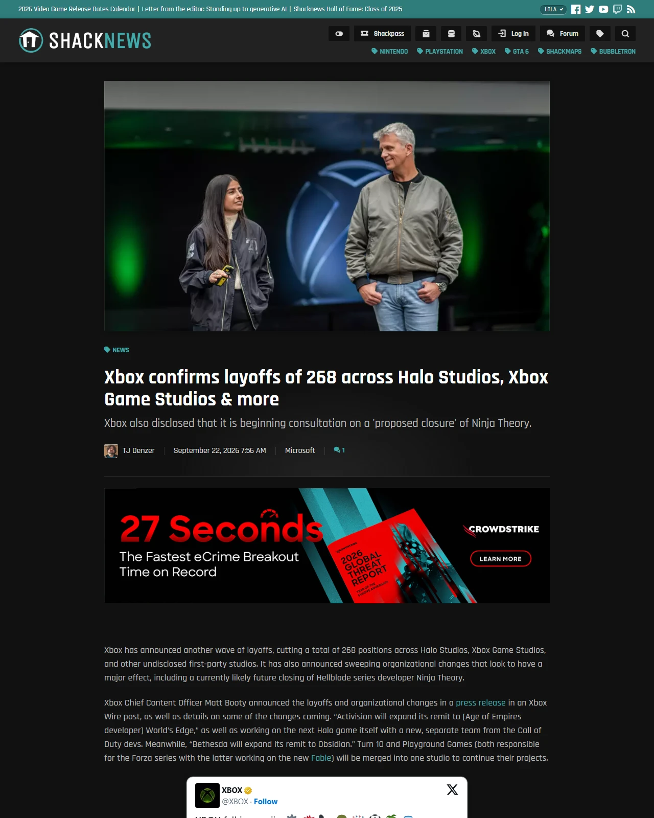 shacknews.com as published: Xbox confirms layoffs of 268 across Halo Studios, Xbox Game Studios & more