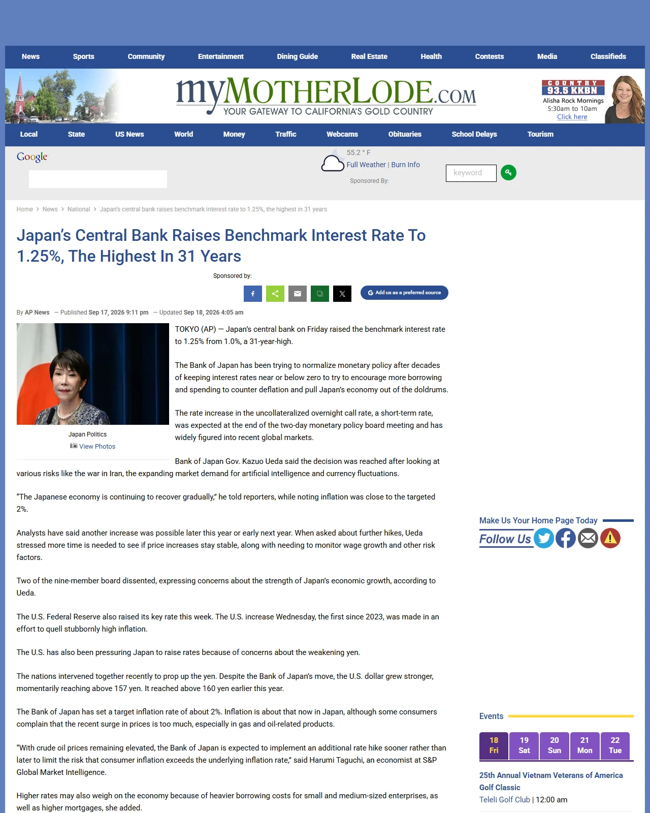 mymotherlode.com as published: Japan’s central bank raises benchmark interest rate to 1.25%