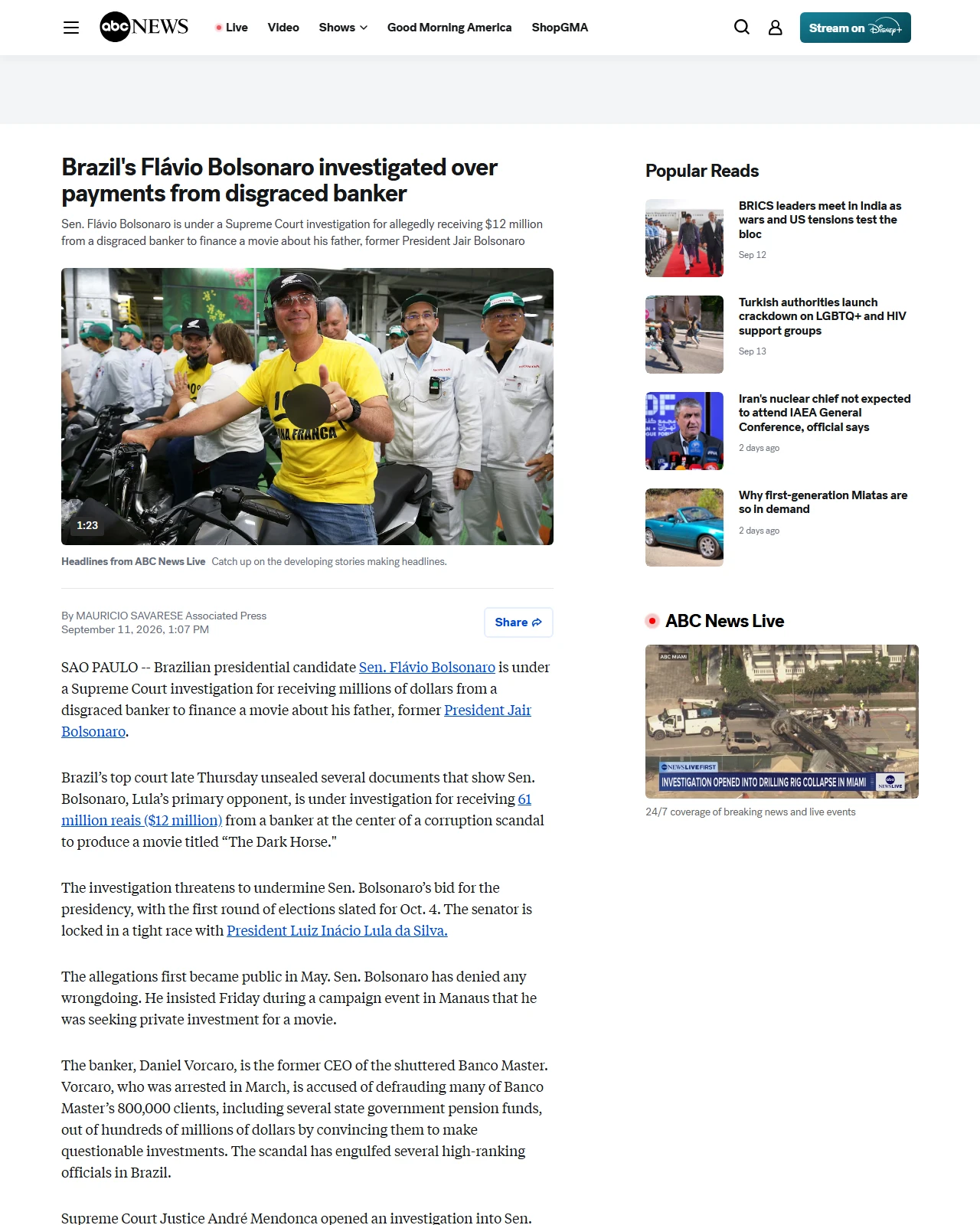 abcnews.com as published: Brazil's Flávio Bolsonaro investigated over payments from disgraced banker