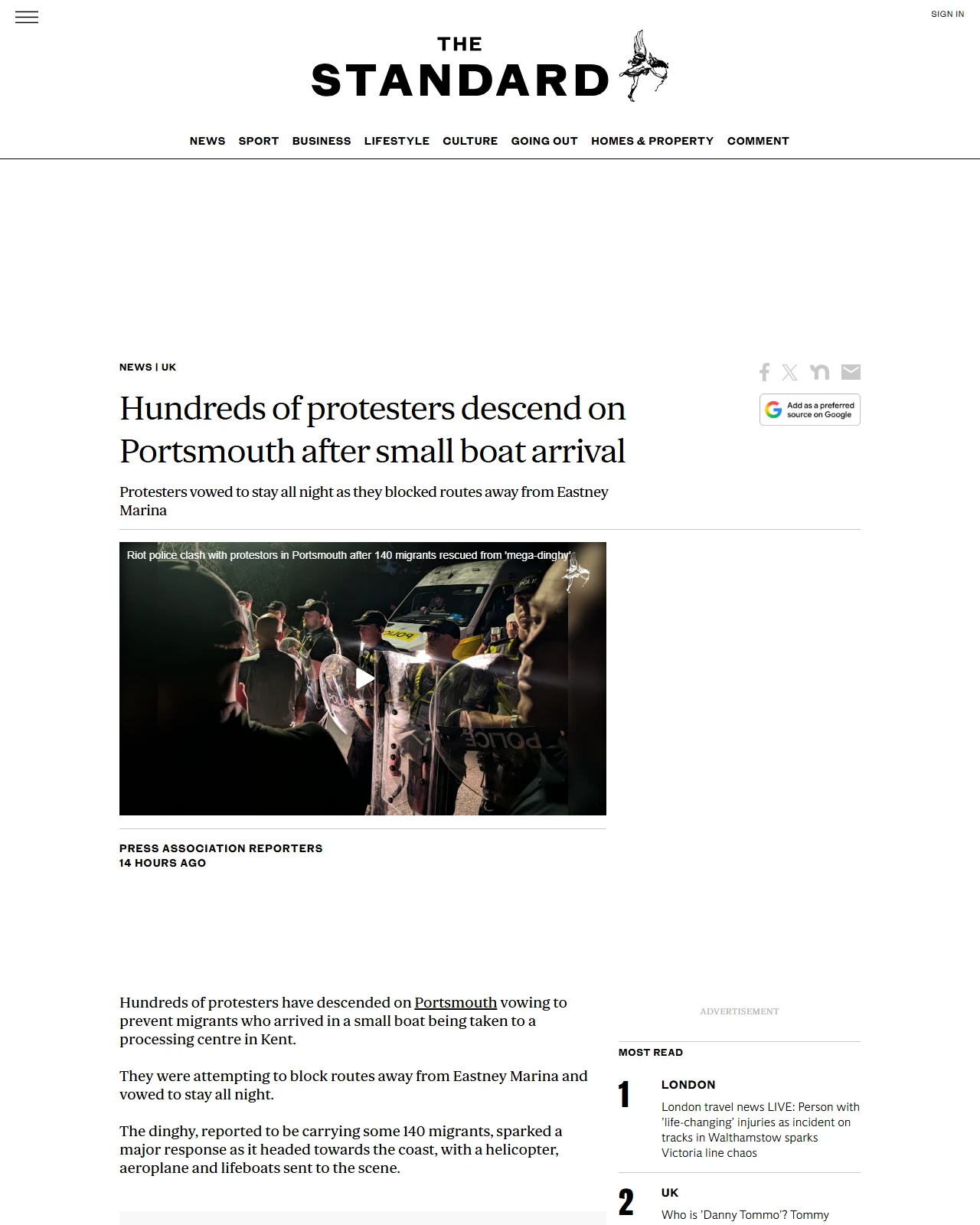 standard.co.uk as published: Hundreds of protesters descend on Portsmouth after small boat arrival