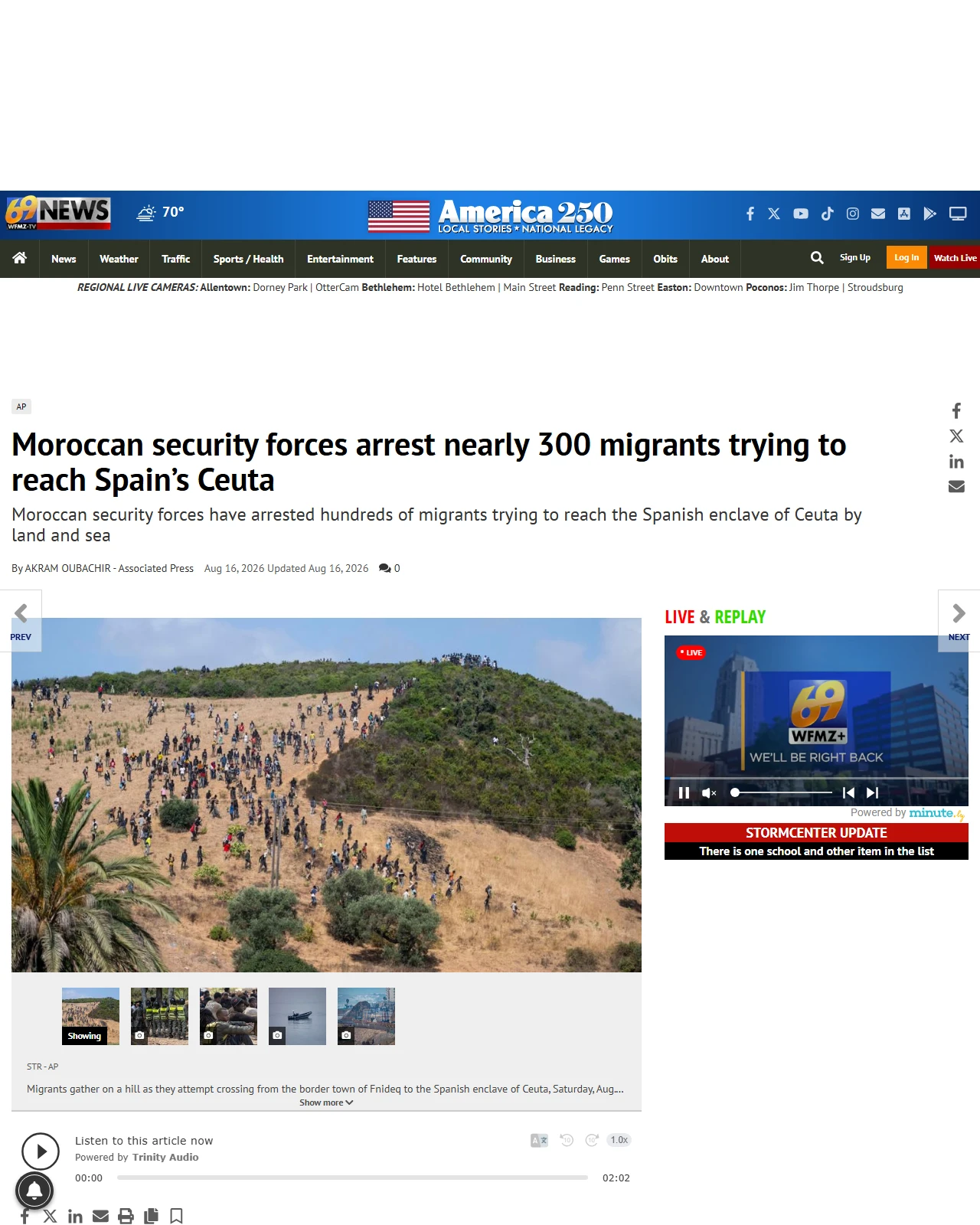 wfmz.com as published: Moroccan security forces arrest nearly 300 migrants trying to reach Spain’s Ceuta