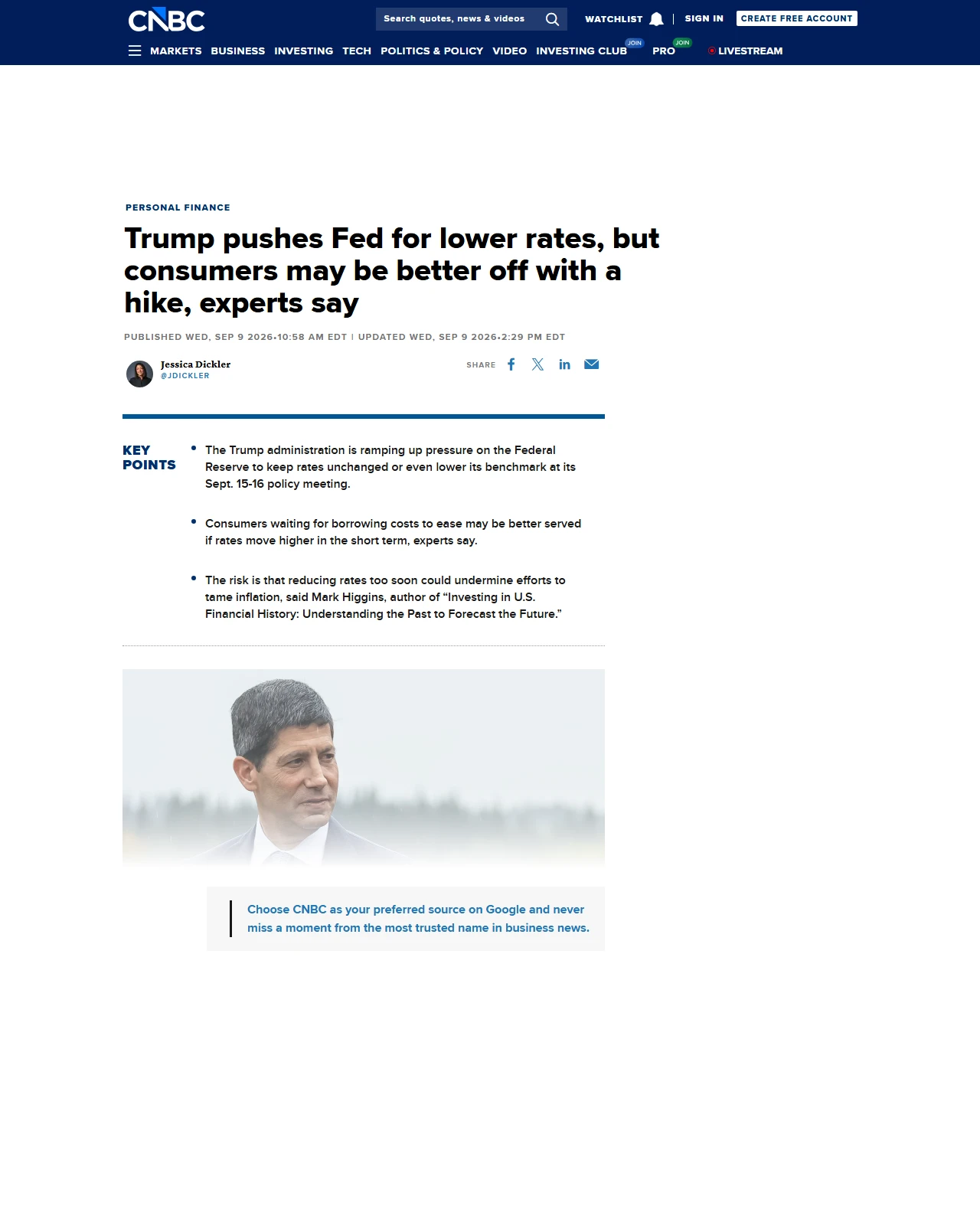 cnbc.com as published: Trump pushes Fed for lower rates, but consumers may be better off with a hike, experts say