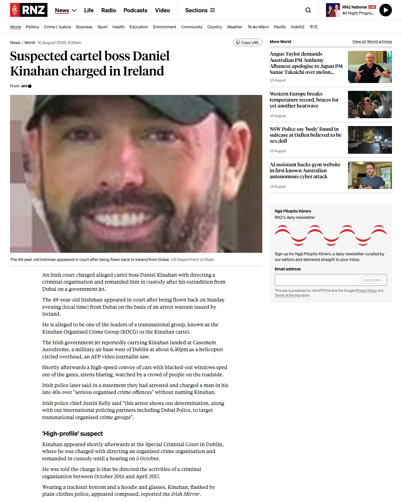 rnz.co.nz as published: Suspected cartel boss Daniel Kinahan charged in Ireland