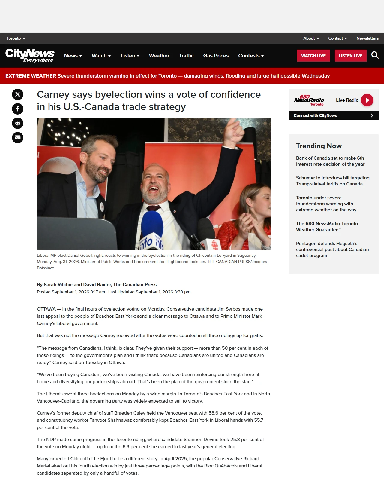 toronto.citynews.ca as published: Liberals won more than 50% of the vote in all three Aug. 31 byelections