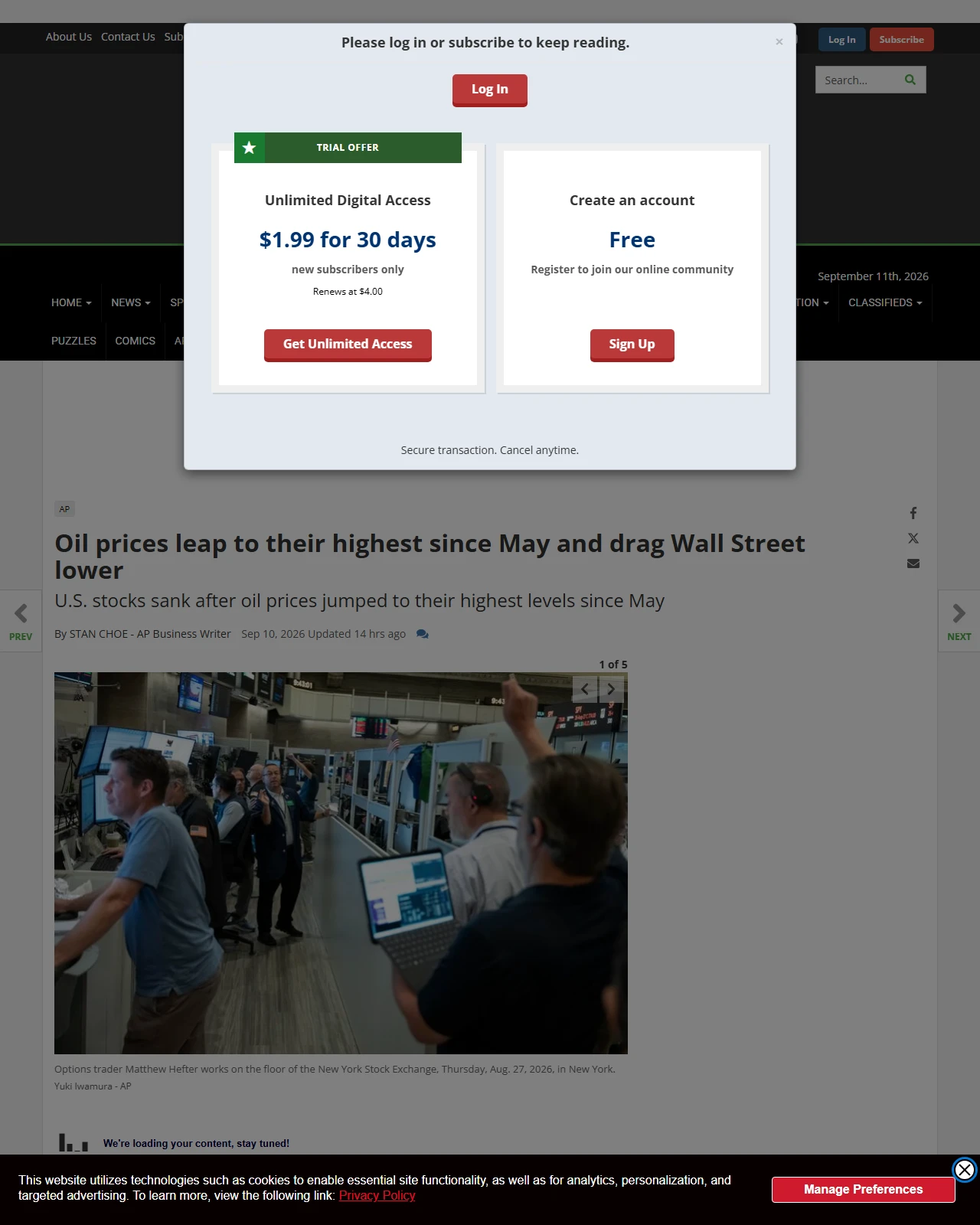 couriernews.com as published: Oil prices leap to their highest since May and drag Wall Street lower