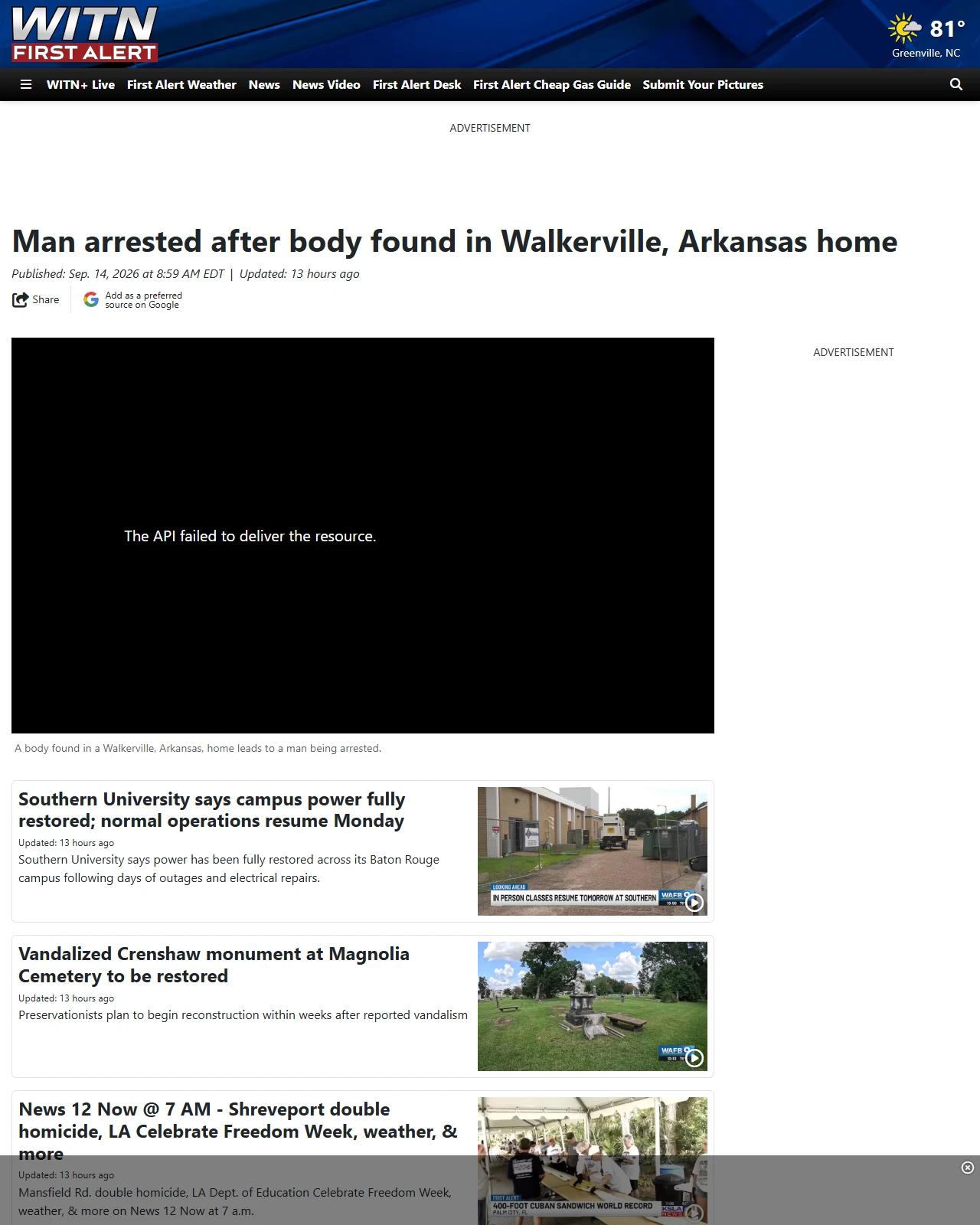 witn.com as published: Man arrested after body found in Walkerville, Arkansas home