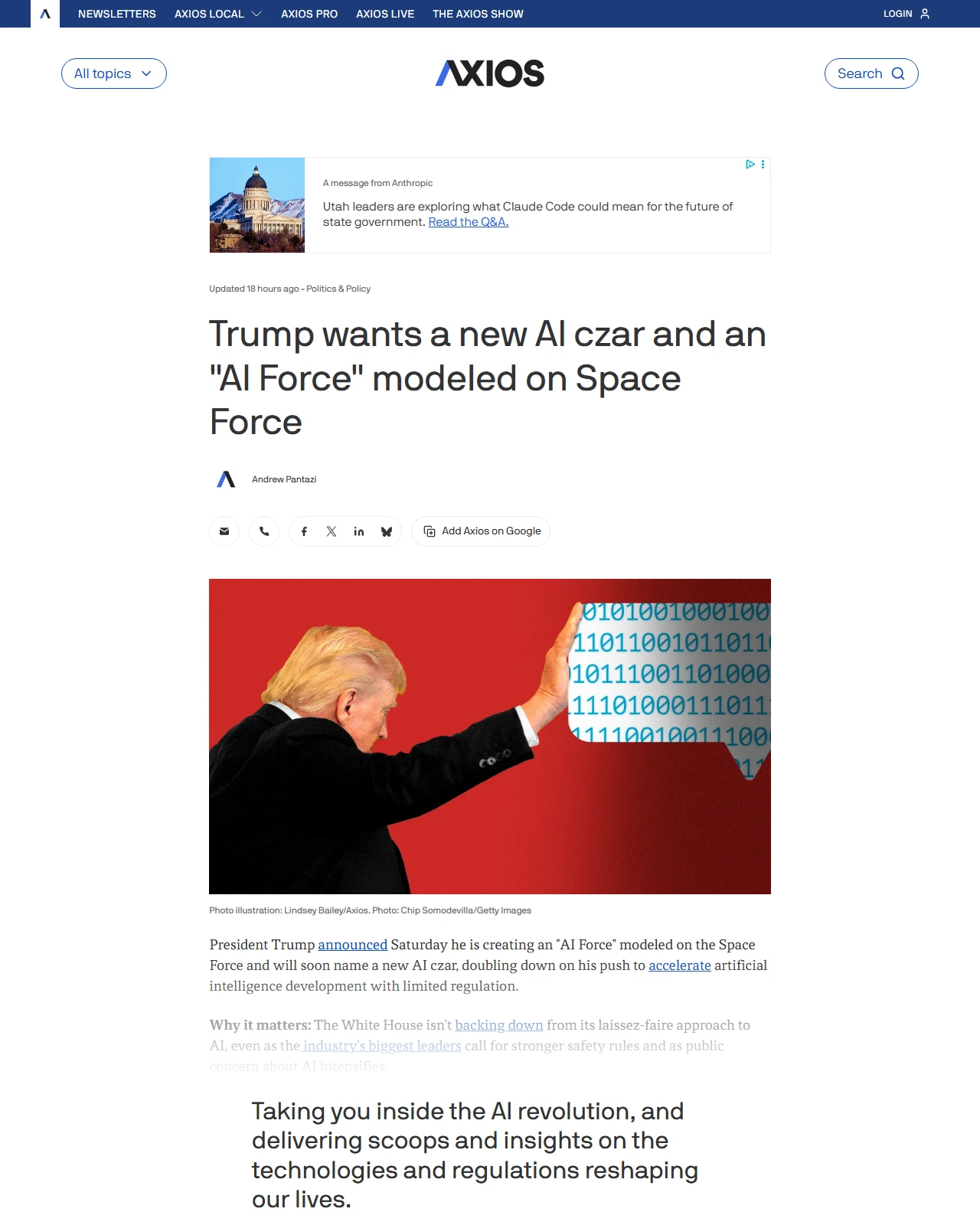 axios.com as published: Trump wants a new AI czar and an "AI Force" modeled on Space Force