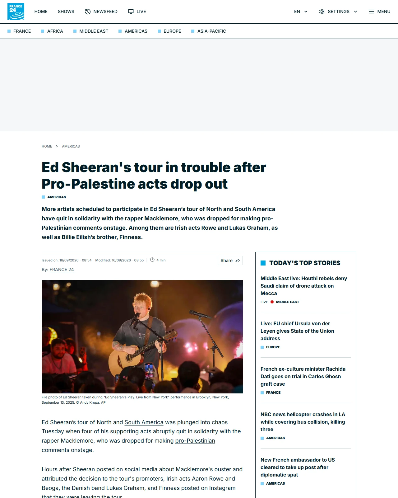 s.france24.com as published: Ed Sheeran's tour in trouble after Pro-Palestine acts drop out