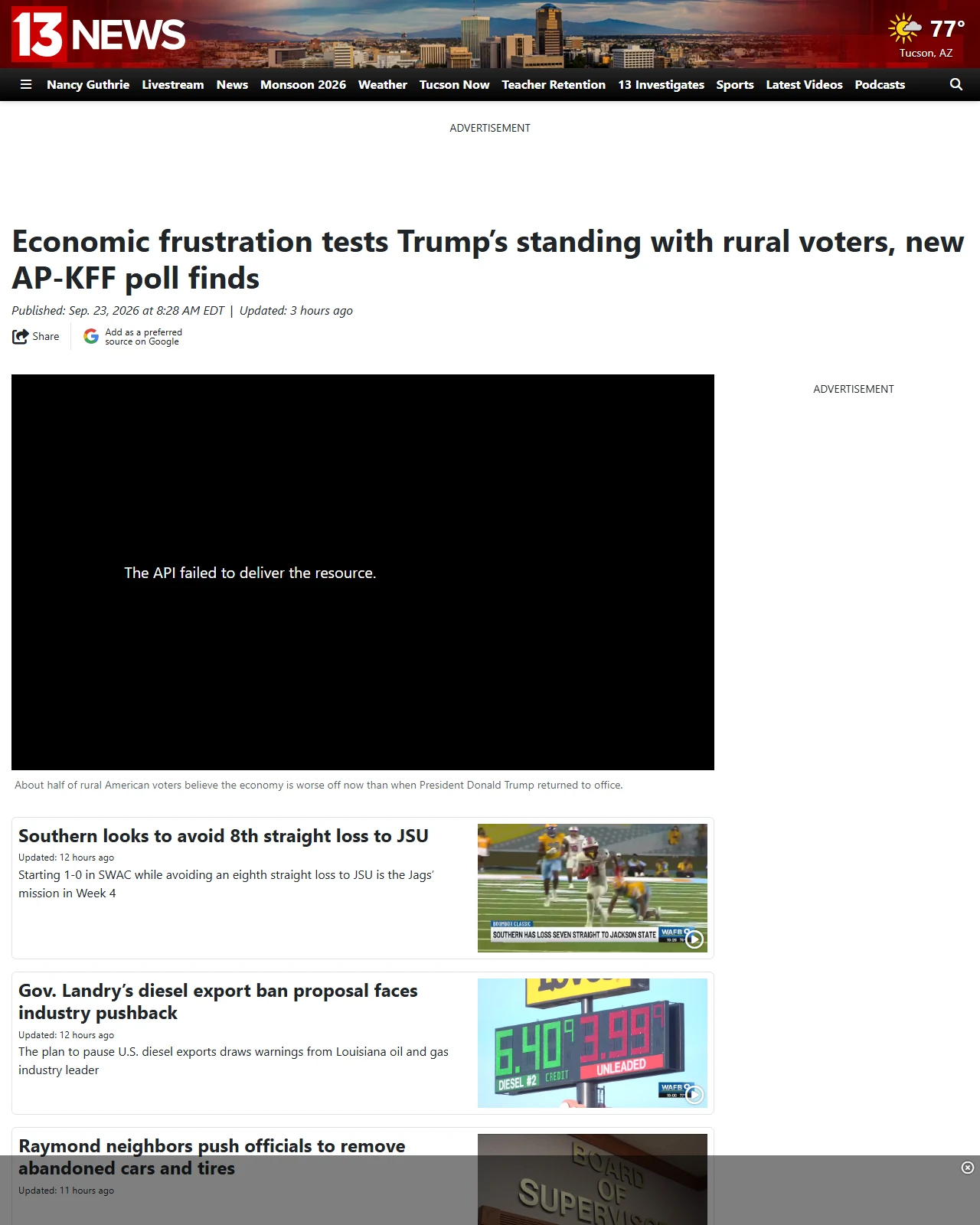 kold.com as published: Economic frustration tests Trump’s standing with rural voters, new AP-KFF poll finds