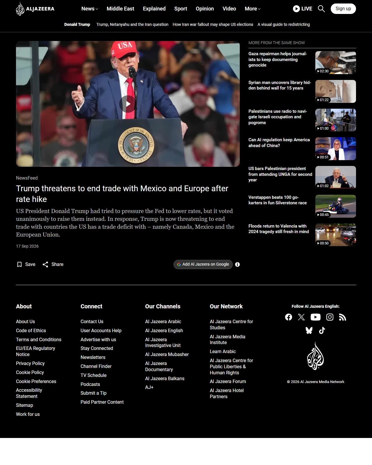 aljazeera.com as published: Trump threatens to end trade with Mexico and Europe after rate hike