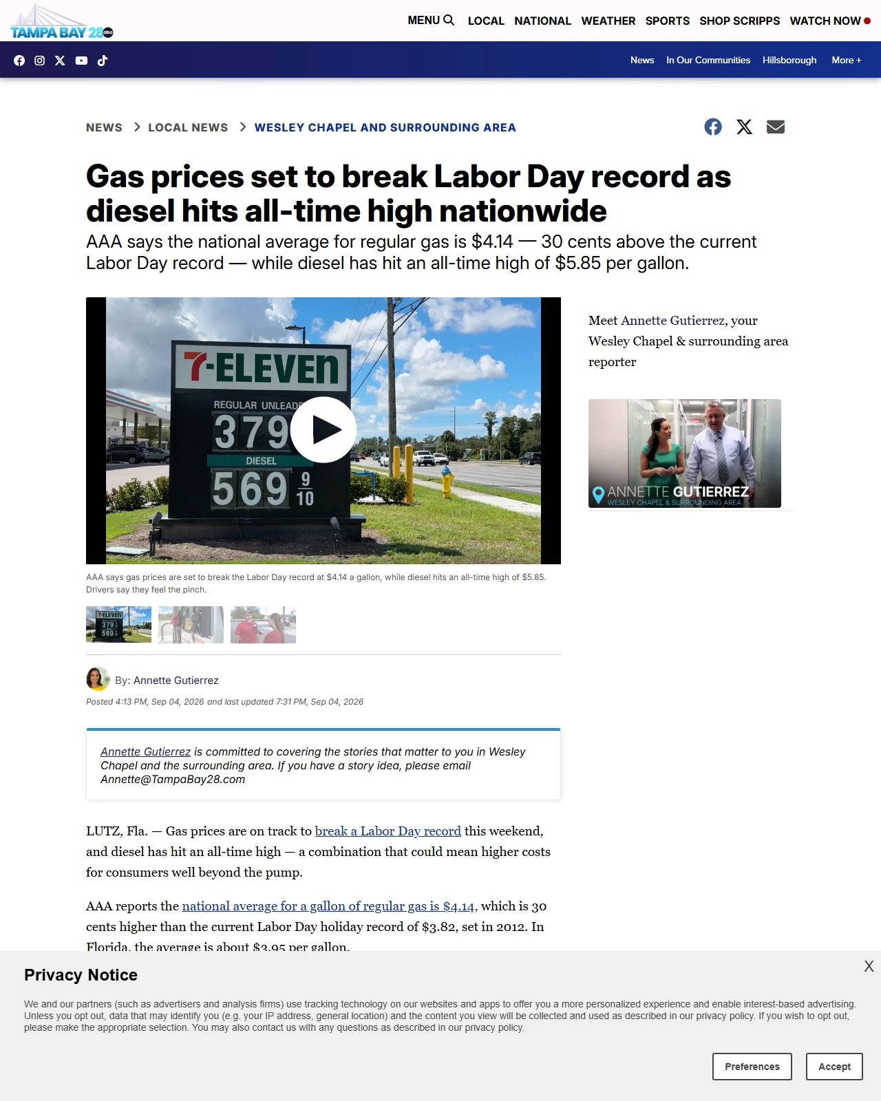 tampabay28.com as published: Gas prices set to break Labor Day record as diesel hits all-time high nationwide