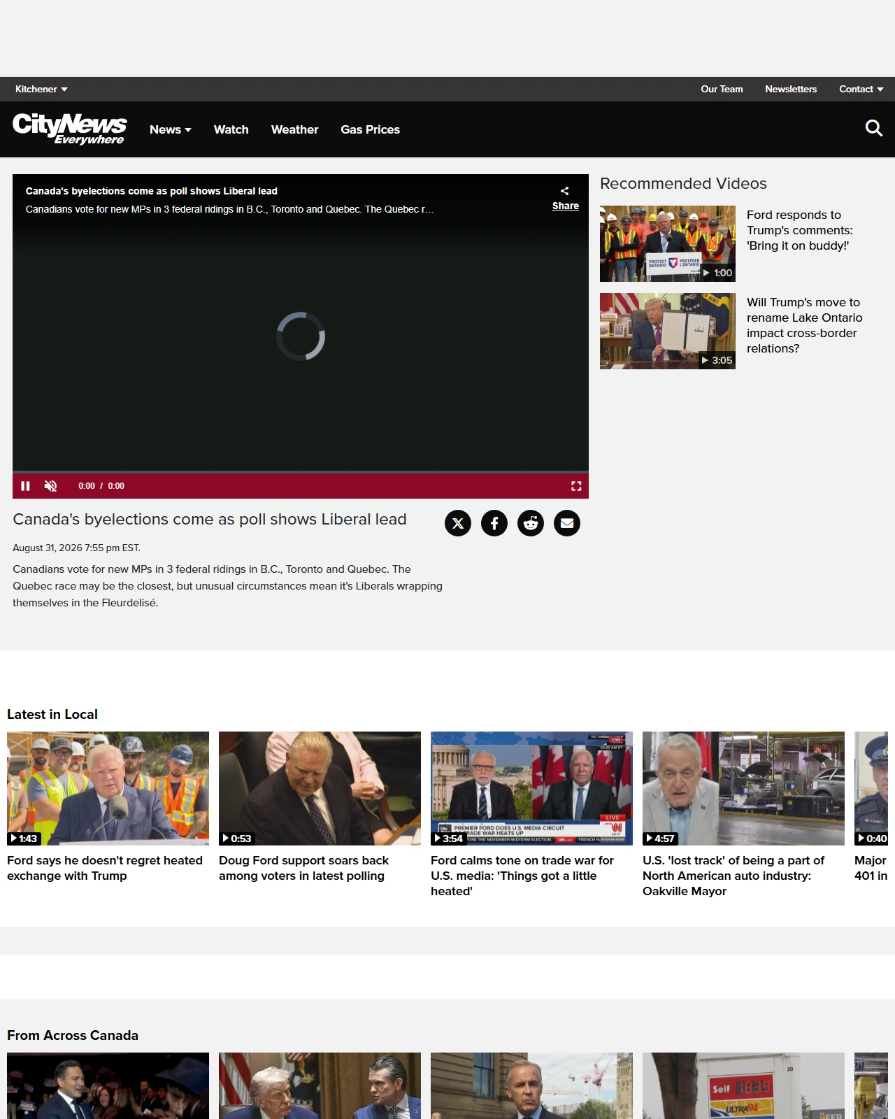 kitchener.citynews.ca as published: Canada's byelections come as poll shows Liberal lead