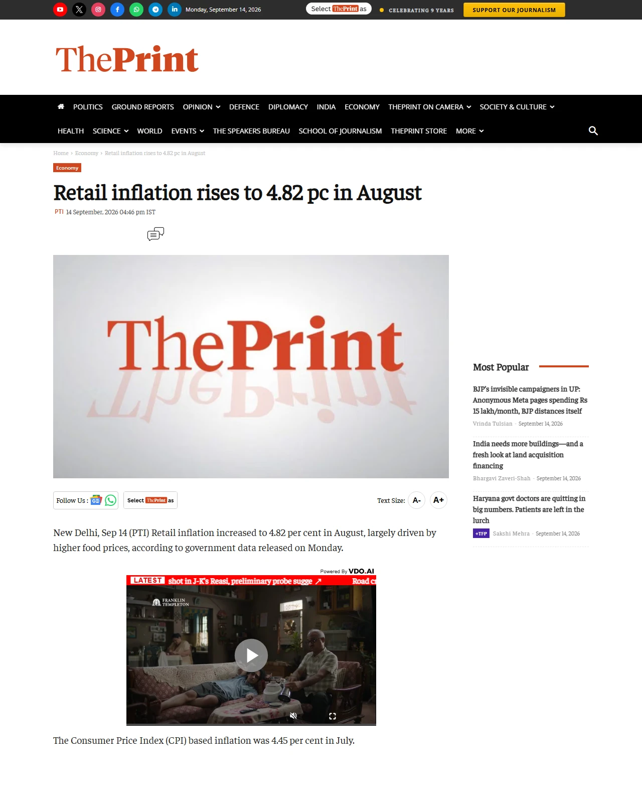 theprint.in as published: Retail inflation rises to 4.82 pc in August