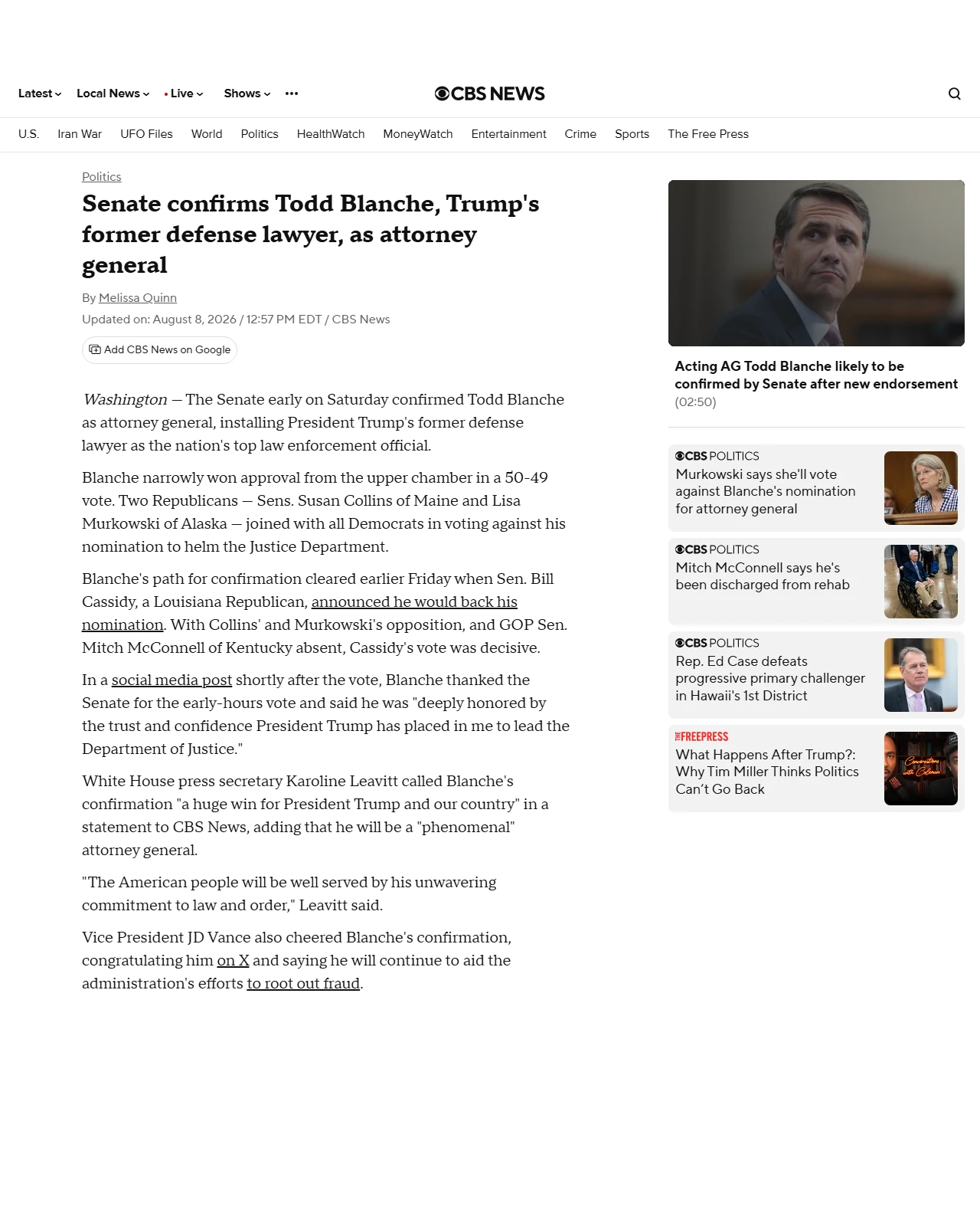 cbsnews.com as published: Senate confirms Todd Blanche, Trump's ex-defense lawyer, as attorney general