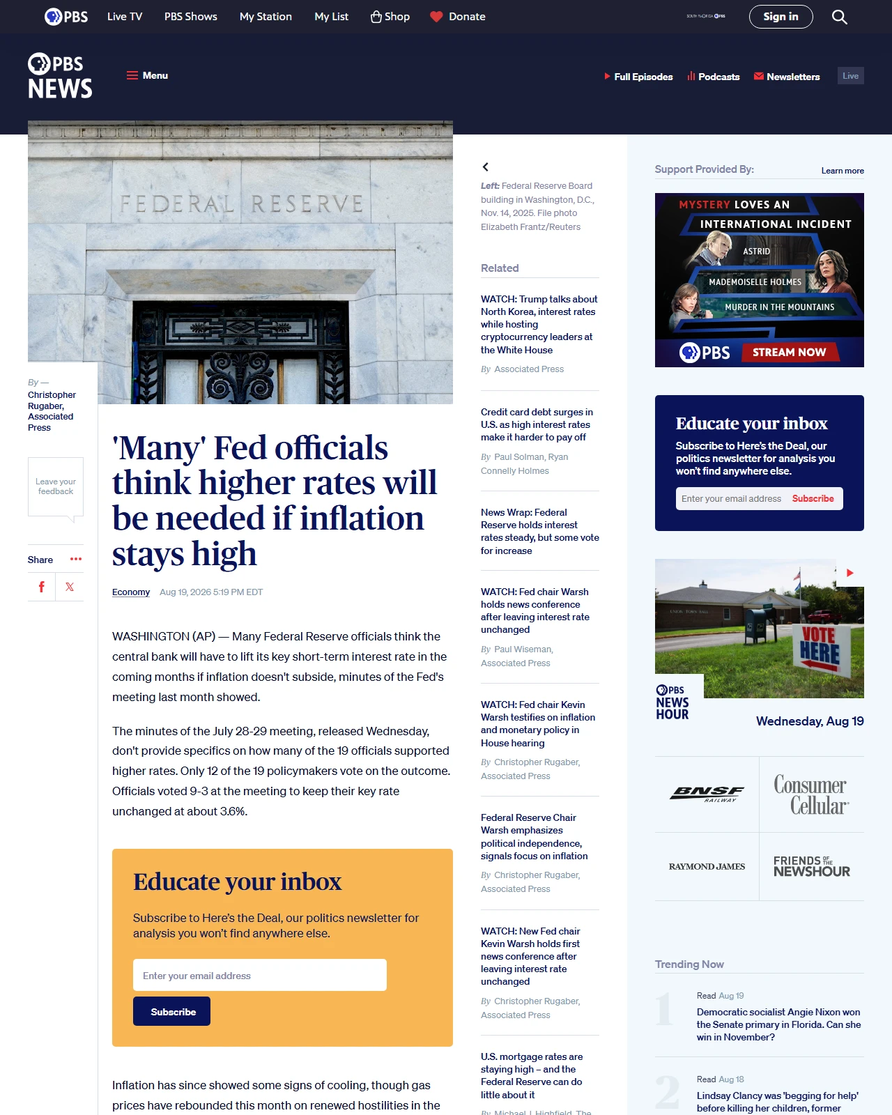 pbs.org as published: 'Many' Fed officials think higher rates will be needed if inflation stays high