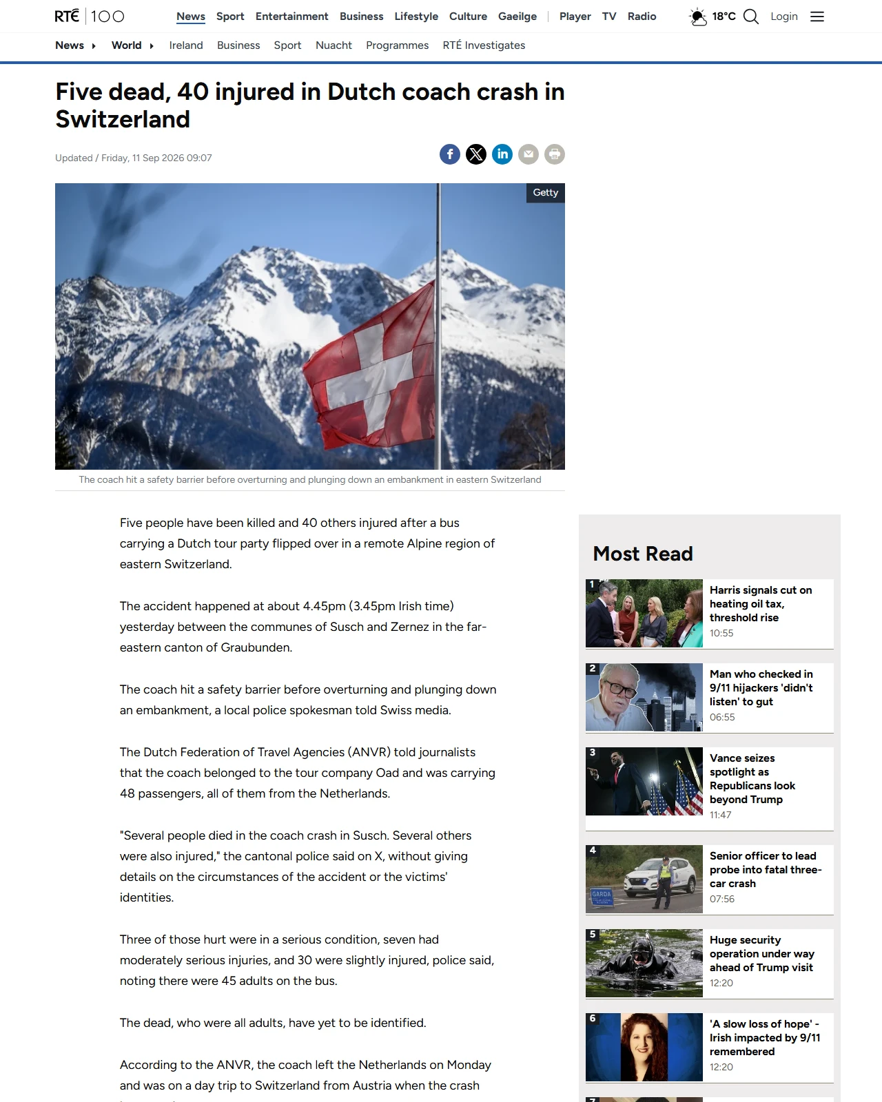 rte.ie as published: Five dead, 40 injured in Dutch coach crash in Switzerland