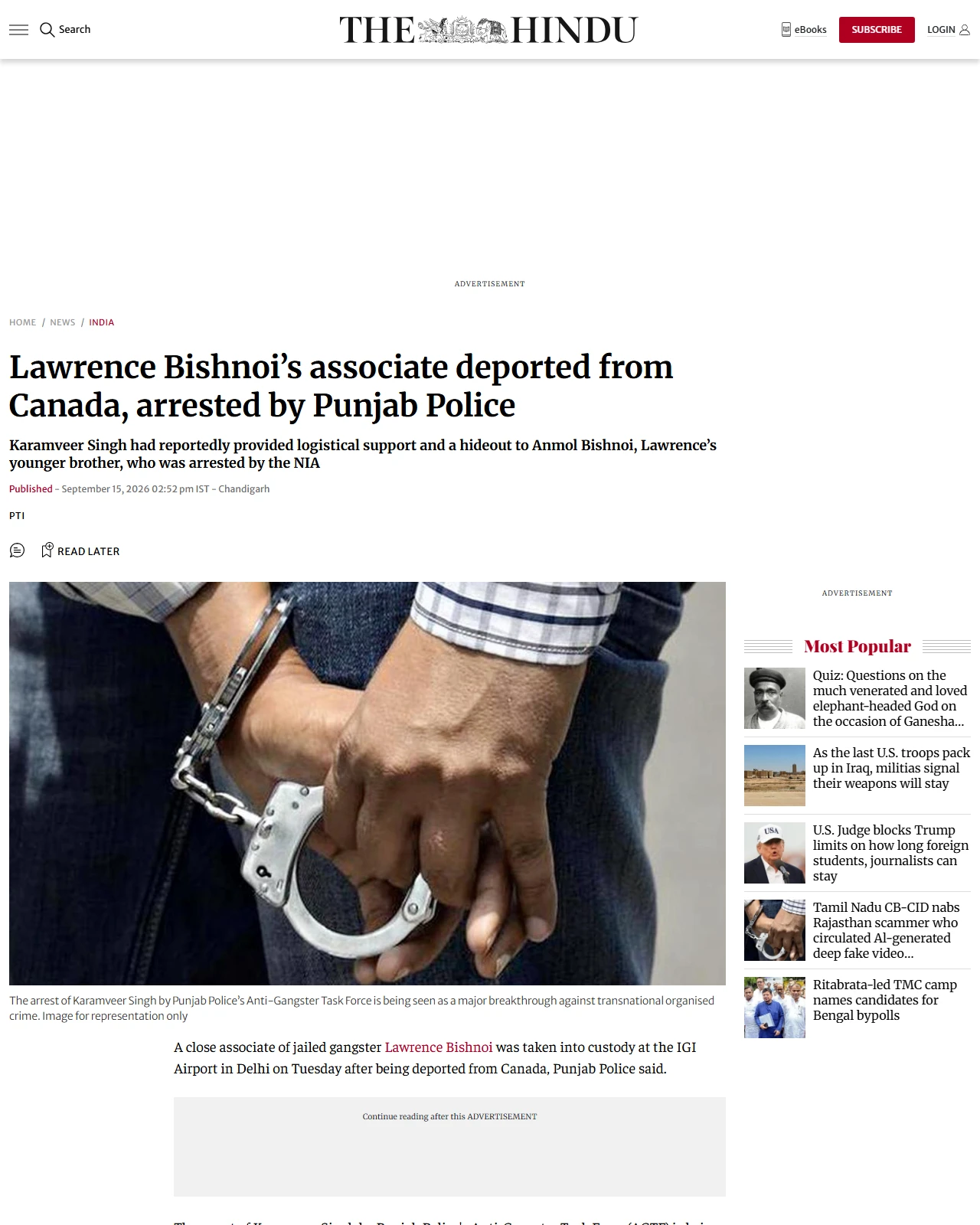 thehindu.com as published: Lawrence Bishnoi’s associate deported from Canada, arrested by Punjab Police