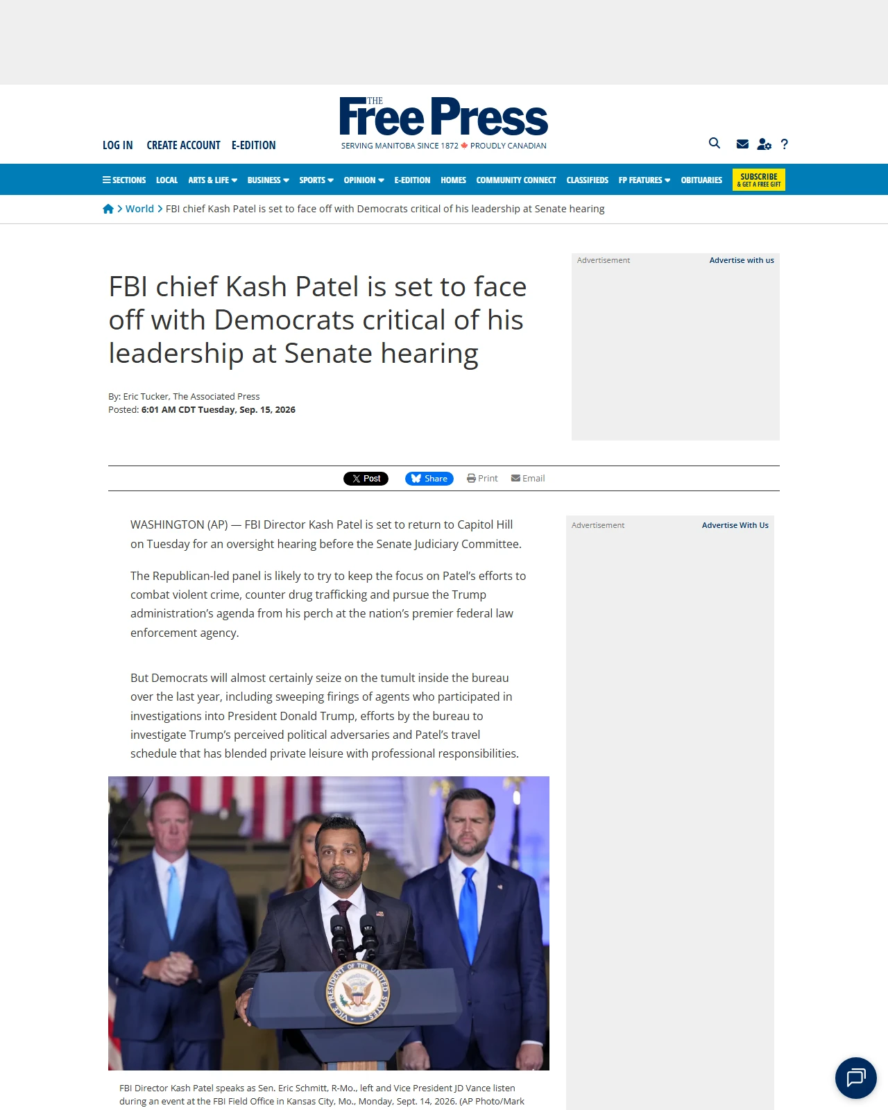 winnipegfreepress.com as published: FBI chief Kash Patel is set to face off with Democrats critical of his leadership at Senate hearing