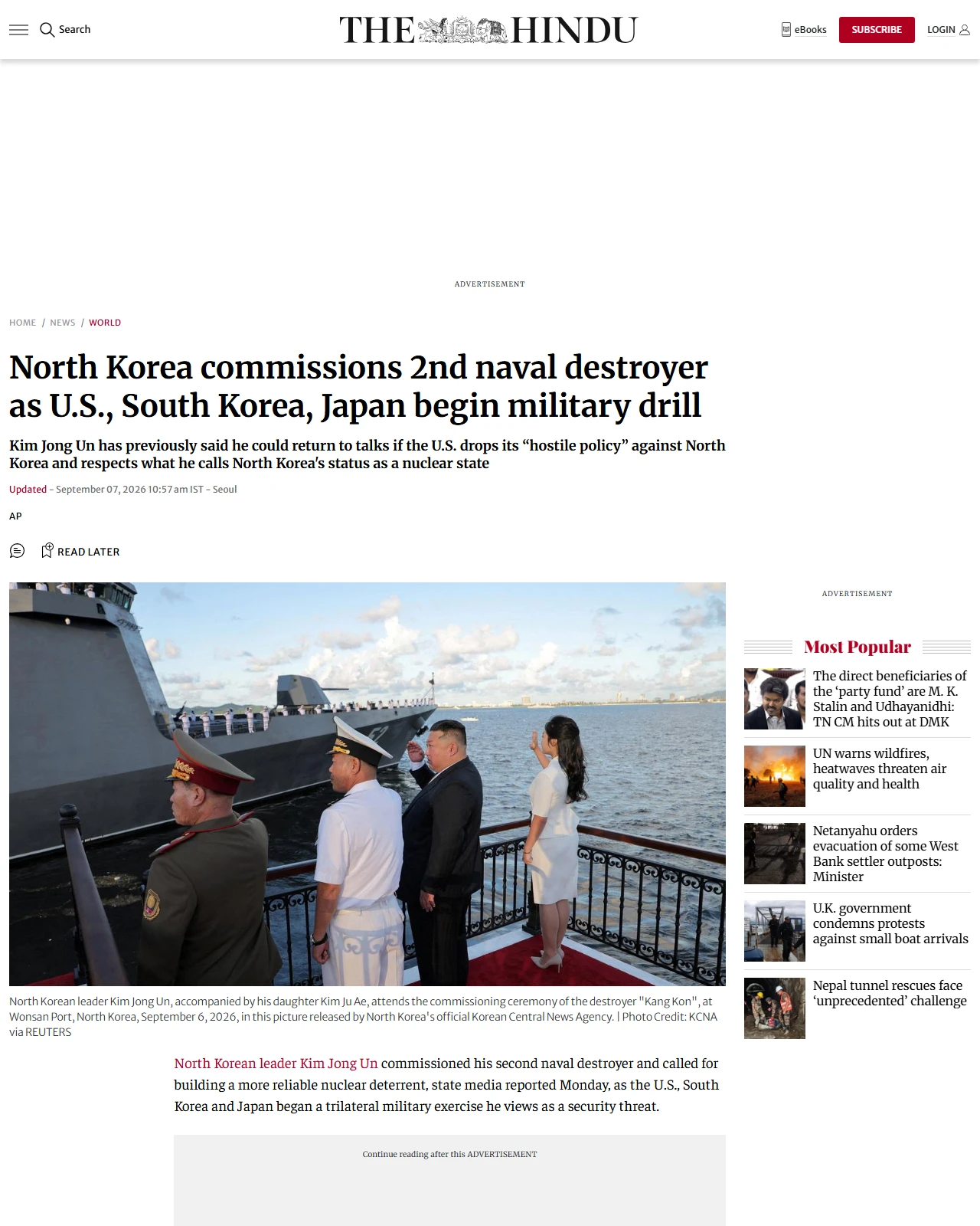 thehindu.com as published: North Korea commissions 2nd naval destroyer as U.S., South Korea, Japan begin military drill