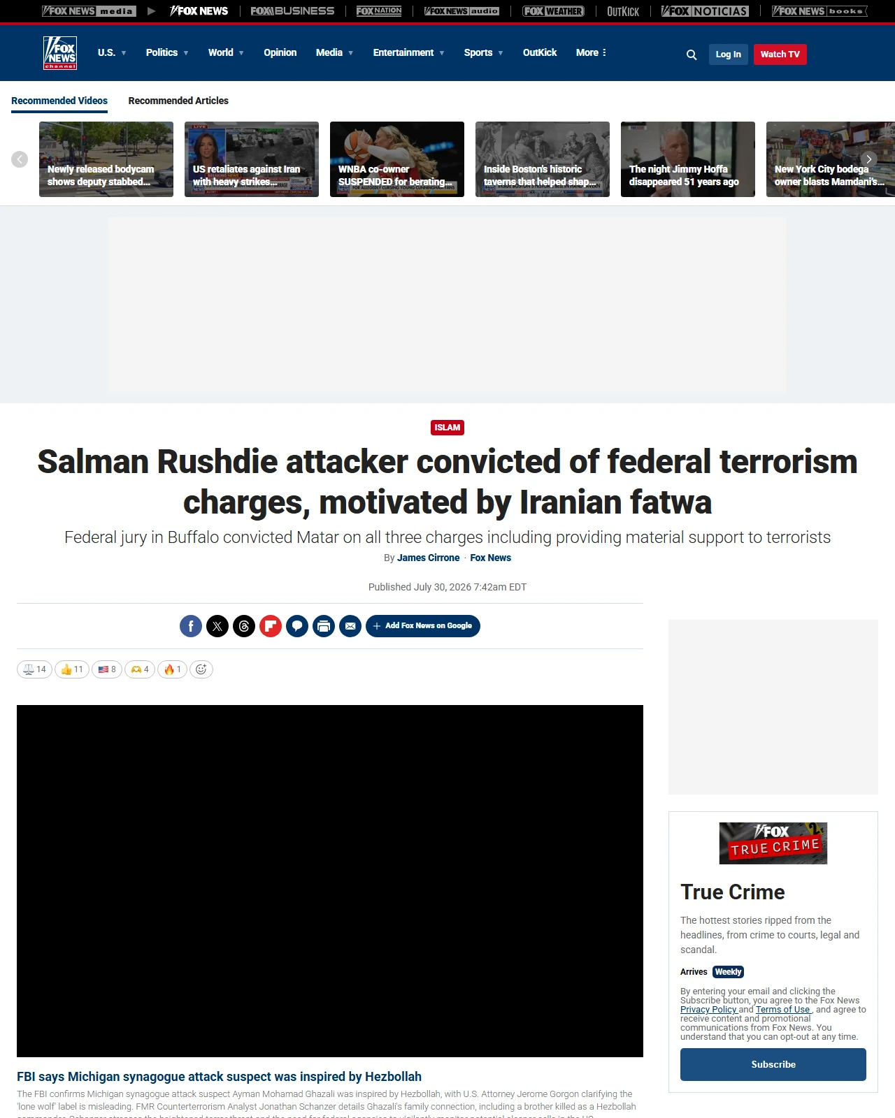 foxnews.com as published: Salman Rushdie attacker convicted of federal terrorism charges, motivated by Iranian fatwa
