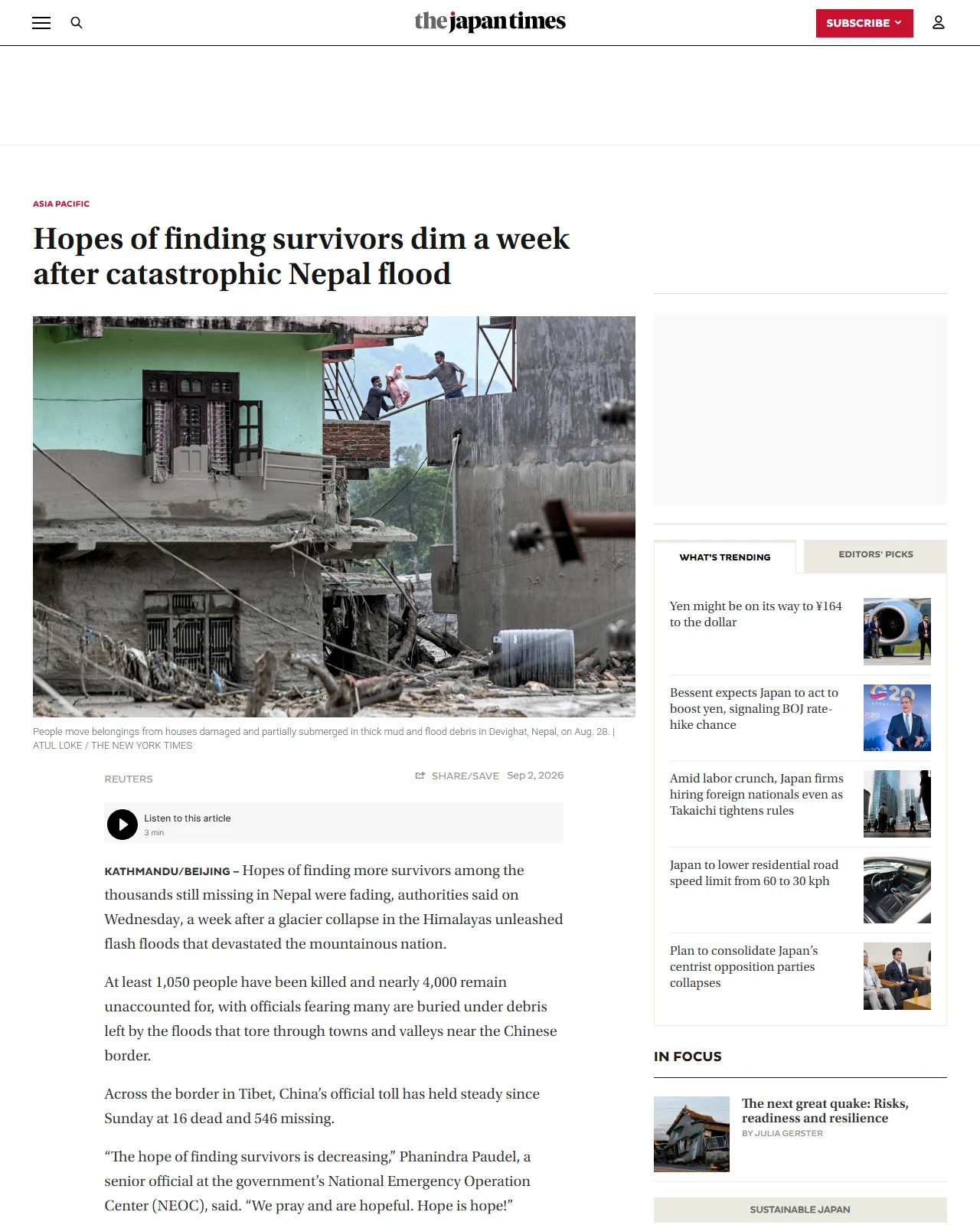 japantimes.co.jp as published: Hopes of finding survivors dim a week after catastrophic Nepal flood