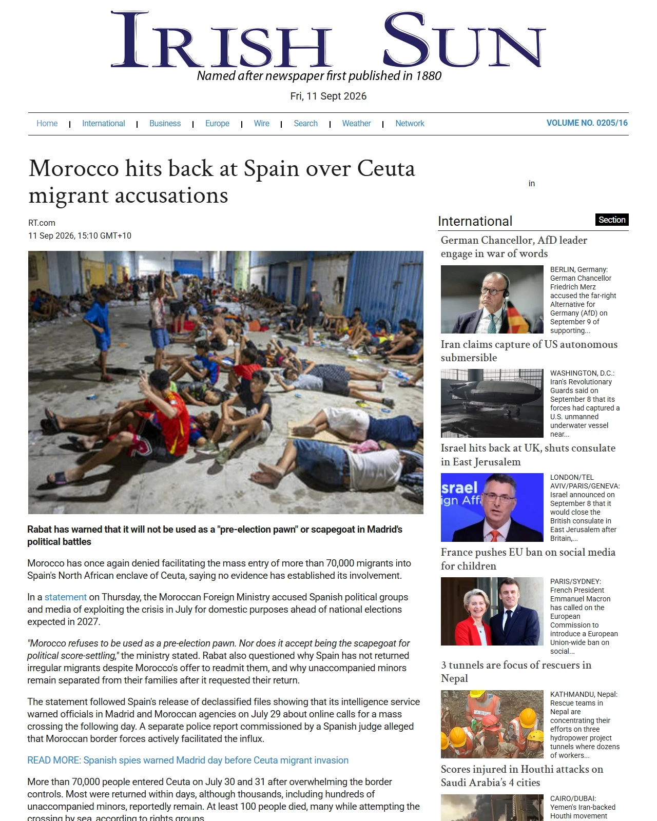 irishsun.com as published: Morocco hits back at Spain over Ceuta migrant accusations