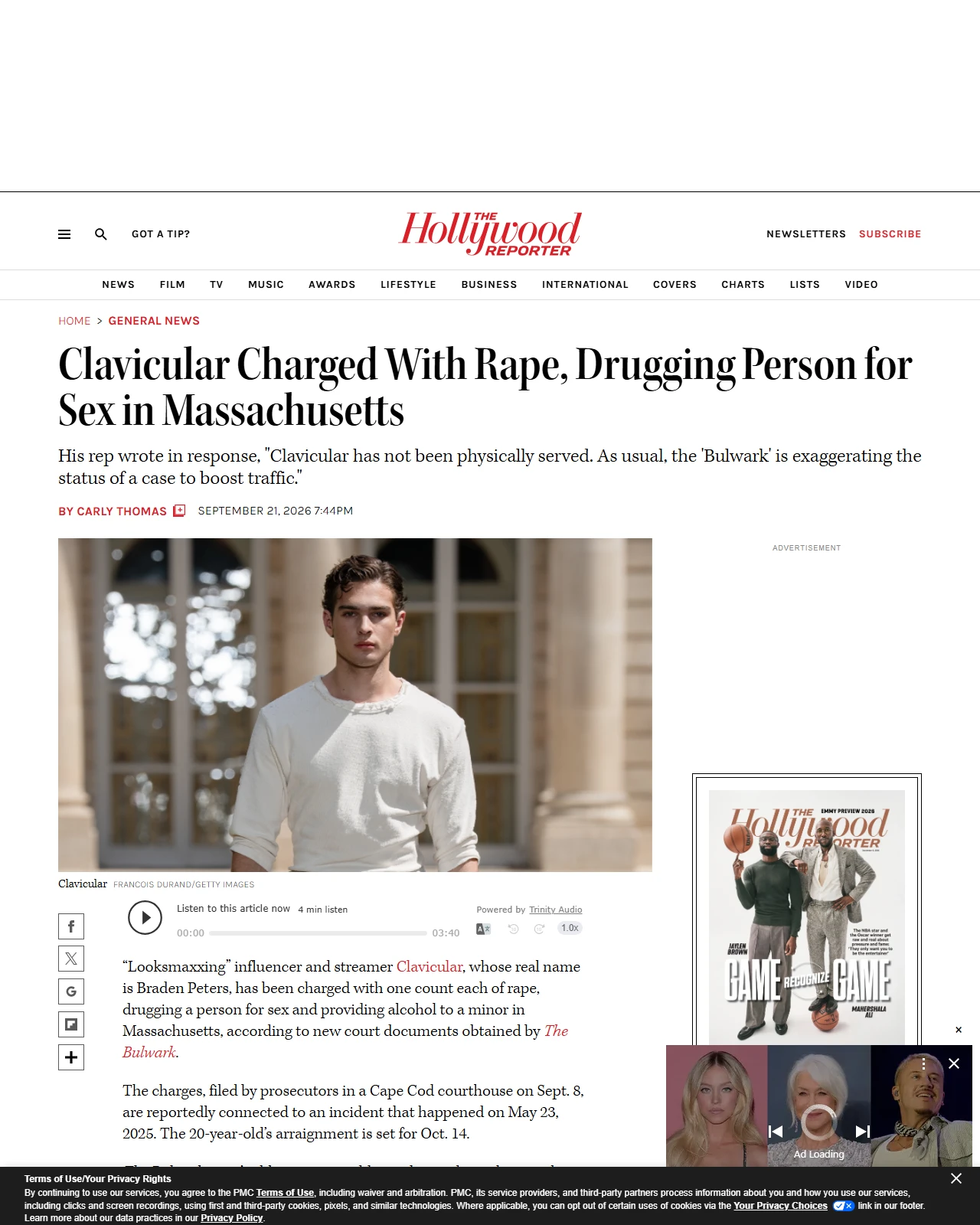 hollywoodreporter.com as published: Clavicular Charged With Rape, Drugging Person for Sex in Massachusetts